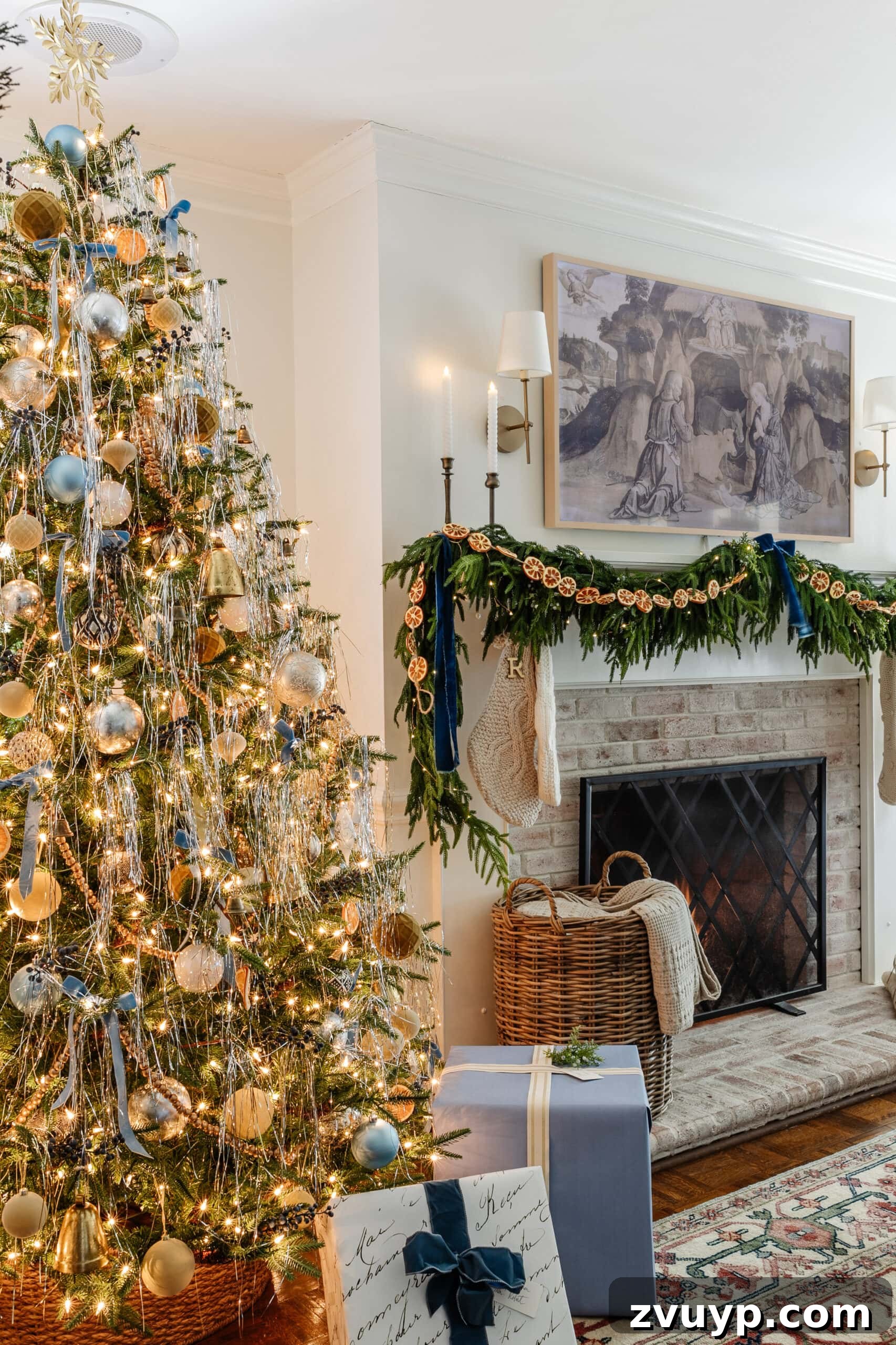 Festive Comfort: Living Room Decor for a Magical Christmas 4 Tinsel Christmas tree beside a limewashed brick fireplace with a mantel decorated with evergreen garland and seasonal accents, providing a warm and inviting focal point.