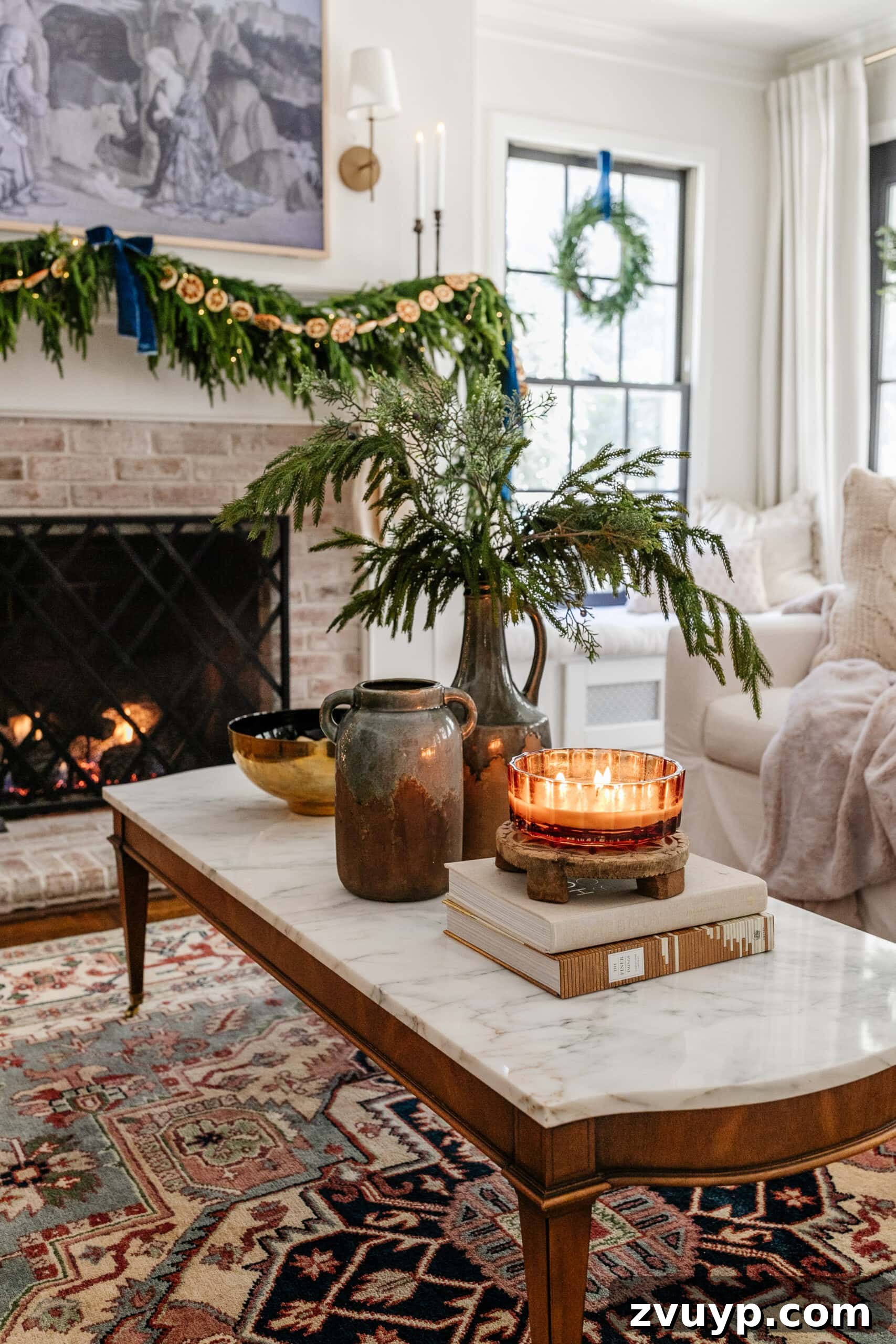 Festive Comfort: Living Room Decor for a Magical Christmas 8 A coffee table elegantly adorned with natural winter greenery in a vase and other subtle Christmas decor, ideal for a cohesive winter transition.
