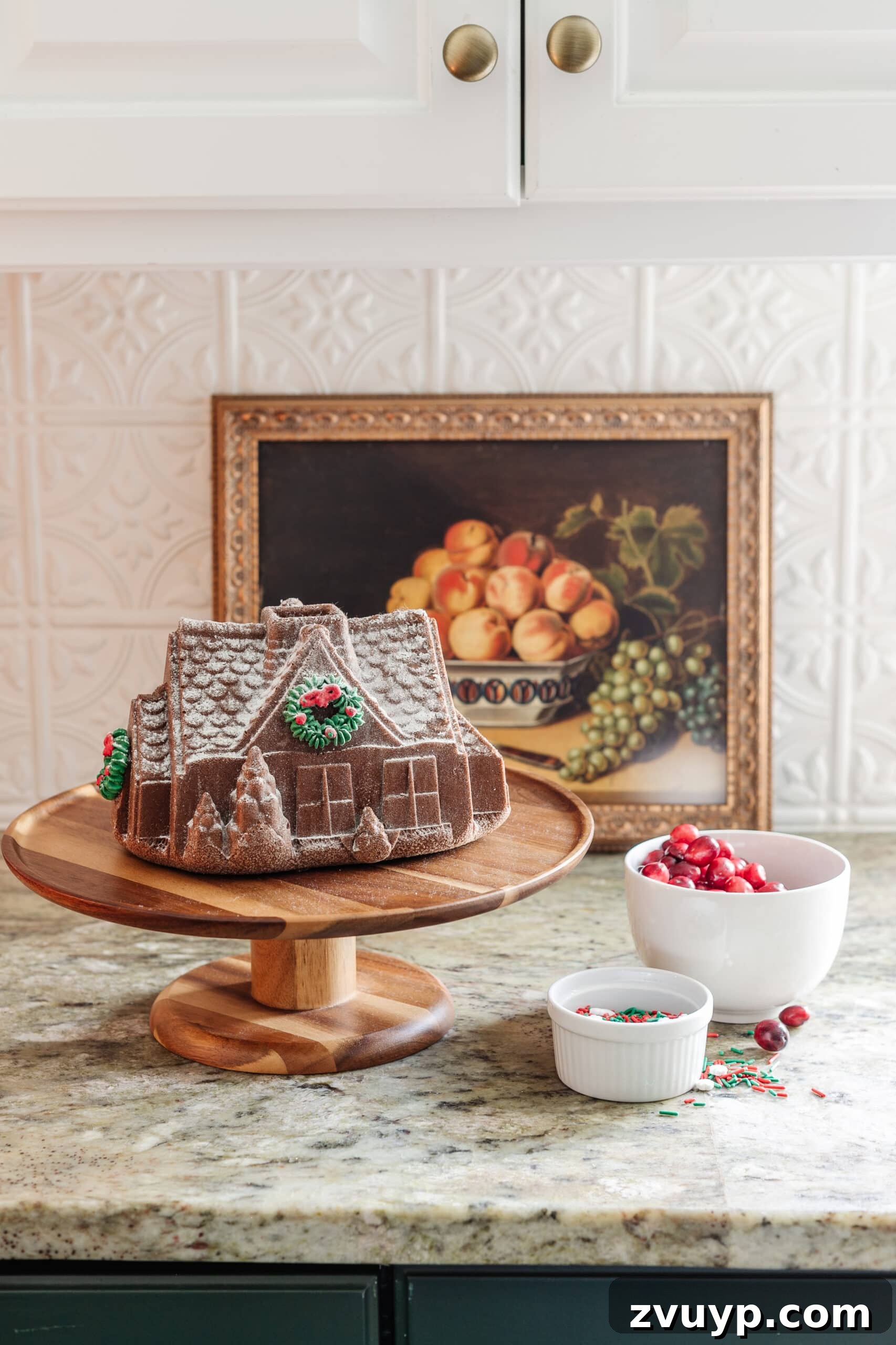 9 Quick Christmas Kitchen Transformations 10 countertop kitchen Christmas decor using a fake gingerbread house and festive items