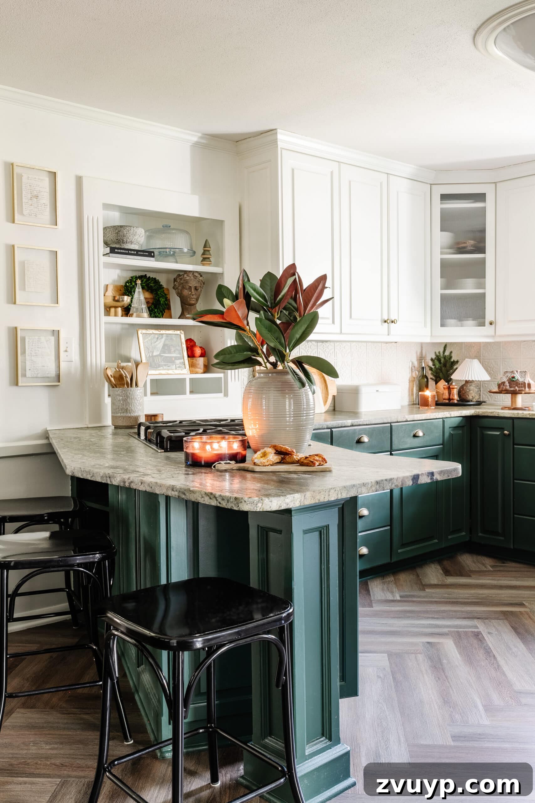 9 Quick Christmas Kitchen Transformations 4 Christmas kitchen decor on countertop and shelves with holiday accents