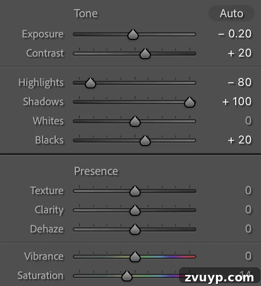 Karanlıkta Parıldayanlar: Noel Ağacı Işıkları Fotoğrafçılığı ve Mum Işığı Gezintisi 20 A screenshot showing editing sliders in Adobe Lightroom, specifically highlighting exposure, contrast, highlights, and shadows adjustments.