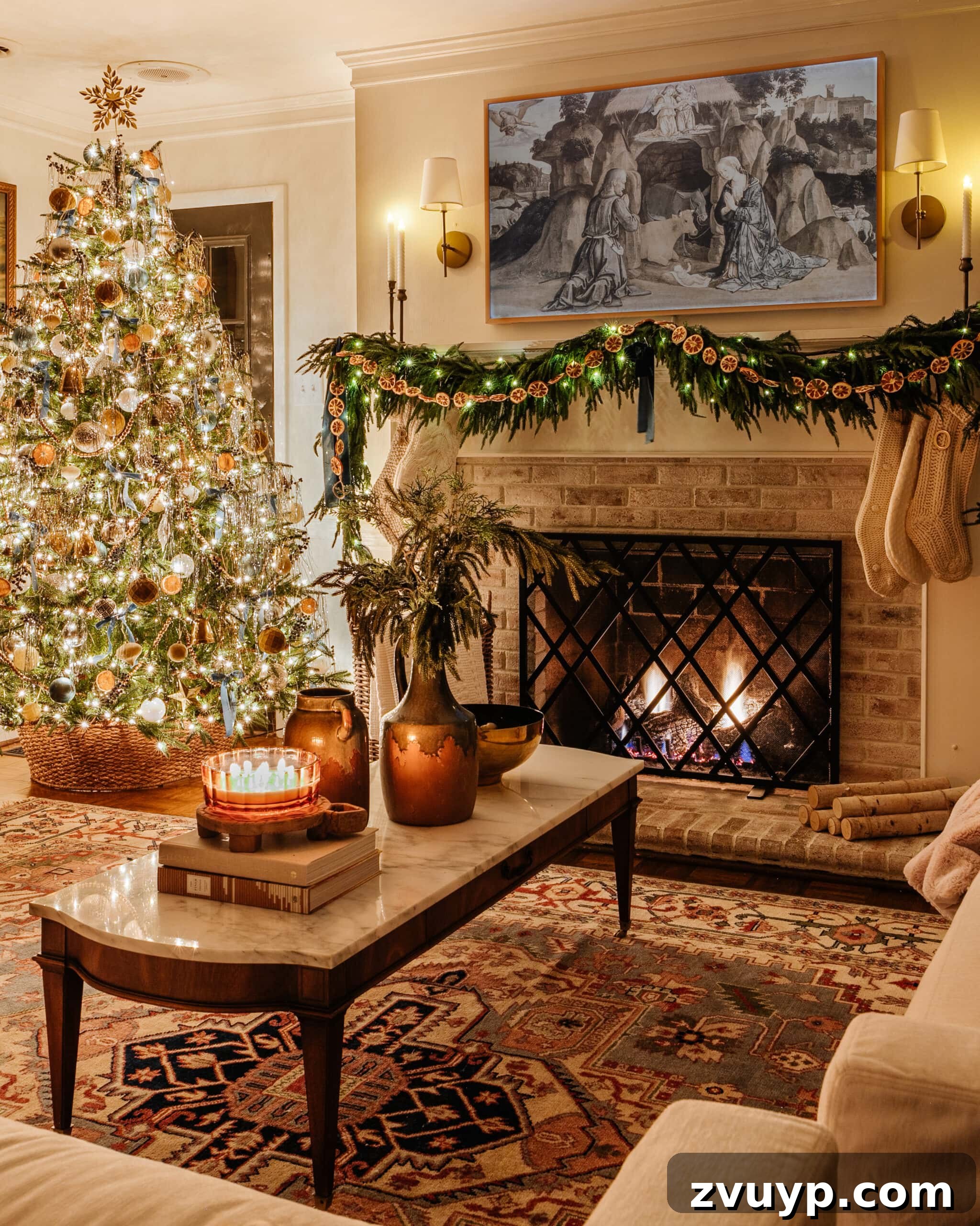 Karanlıkta Parıldayanlar: Noel Ağacı Işıkları Fotoğrafçılığı ve Mum Işığı Gezintisi 25 A wide shot of a living room decorated for Christmas, featuring a large tree with lights, a fireplace, and comfortable seating, all glowing warmly at night.