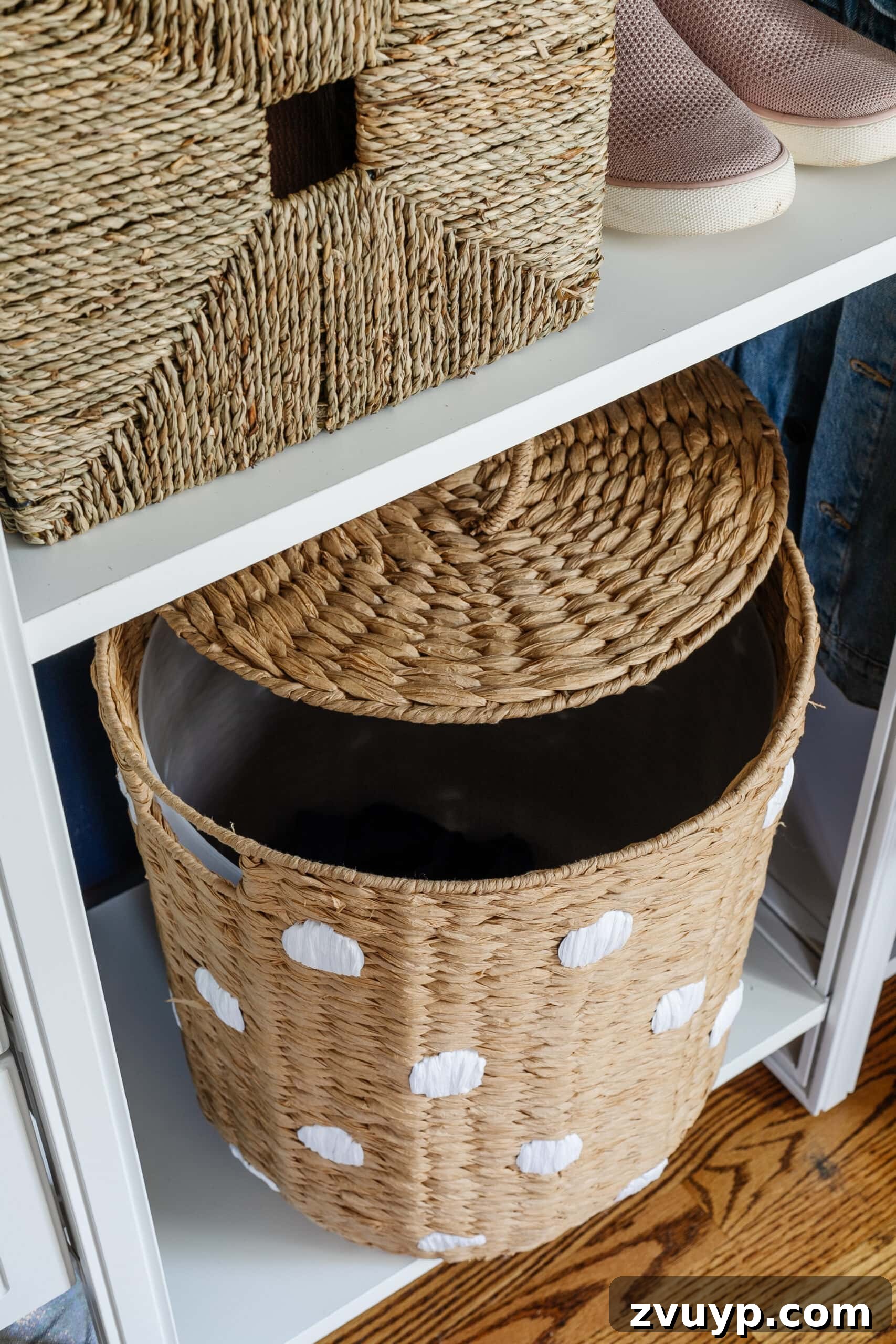 Girl's Guide to a Tidy Tiny Closet: 10 Smart Ideas 11 hamper stored on a shelf in a small closet