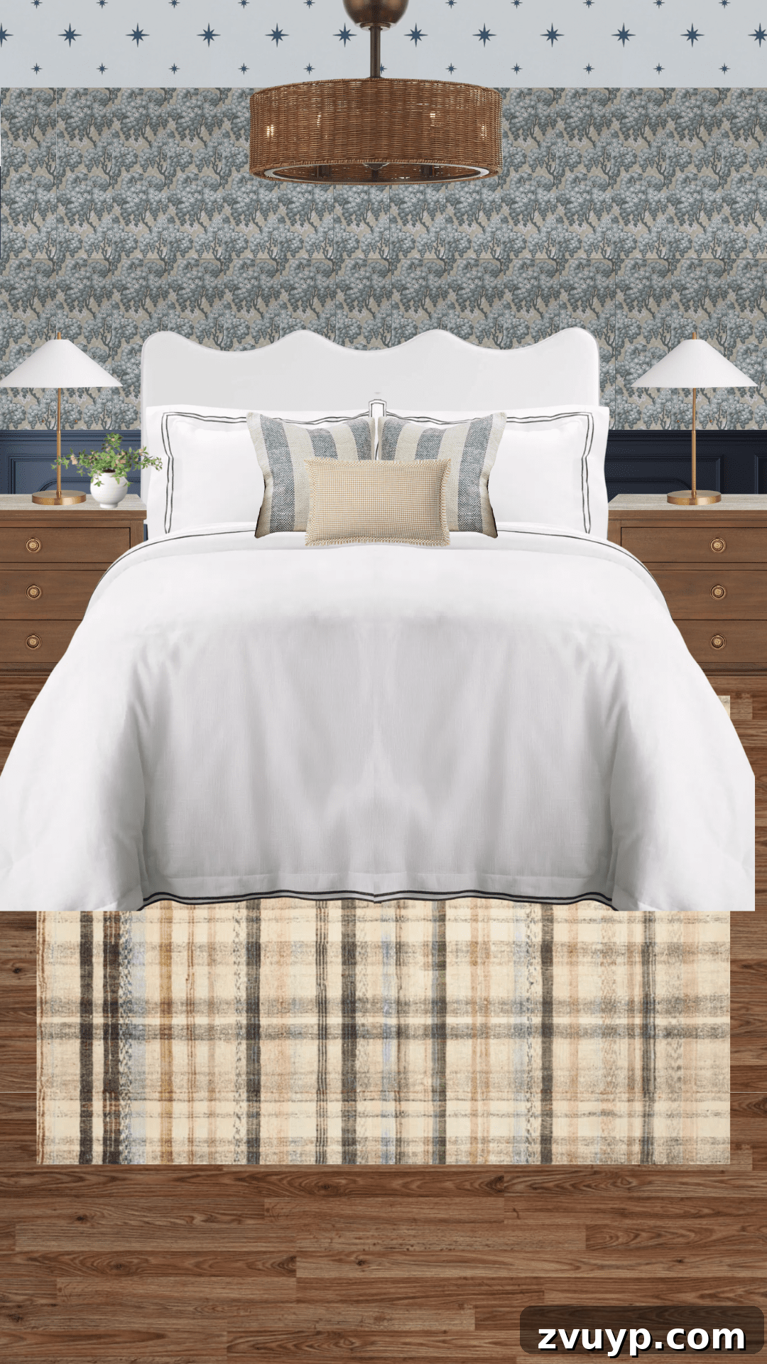 Our Cottage Teen Bedroom Plans and Curtain Color Combinations 3 Bedroom design inspiration board featuring navy blue walls, a floral wallpaper swatch, and a geometric rug, setting the tone for a playful preteen room.