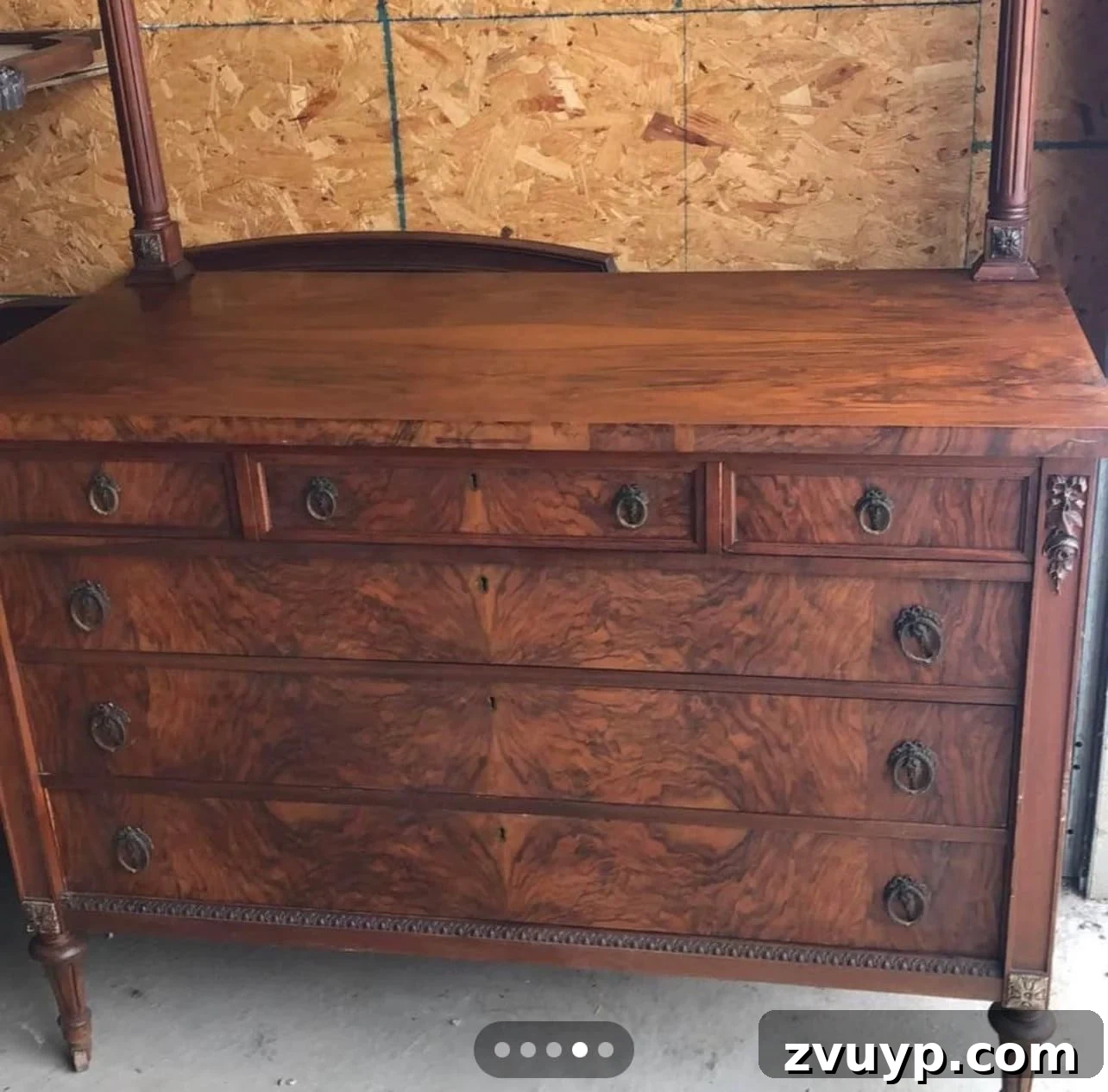 Our Cottage Teen Bedroom Plans and Curtain Color Combinations 4 Stunning vintage burl wood dresser, recently acquired from Facebook Marketplace, showcasing its unique grain and adding a touch of timeless elegance to the room.