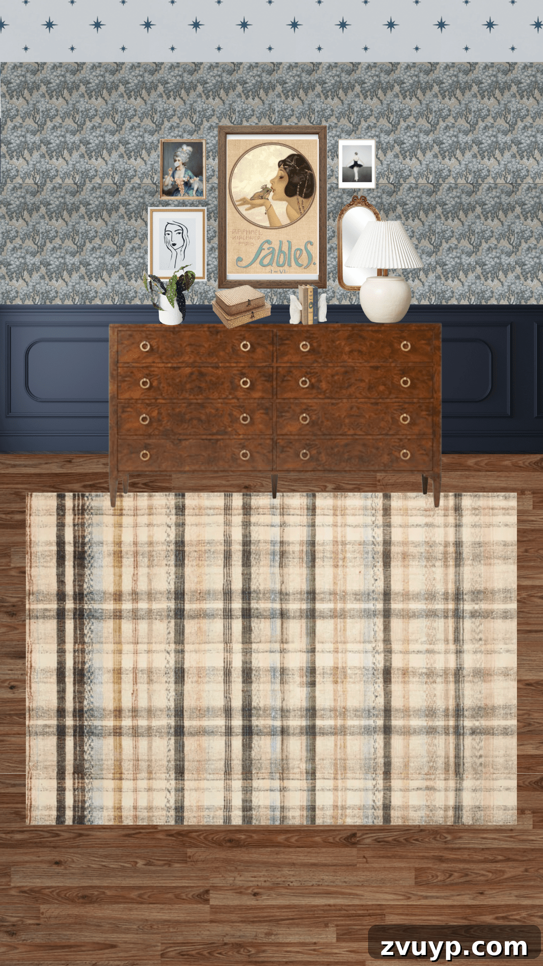 Our Cottage Teen Bedroom Plans and Curtain Color Combinations 5 Inspiration board featuring vintage art prints, including a 'frog princess' and other feminine motifs, planned for a gallery wall in the preteen's bedroom.