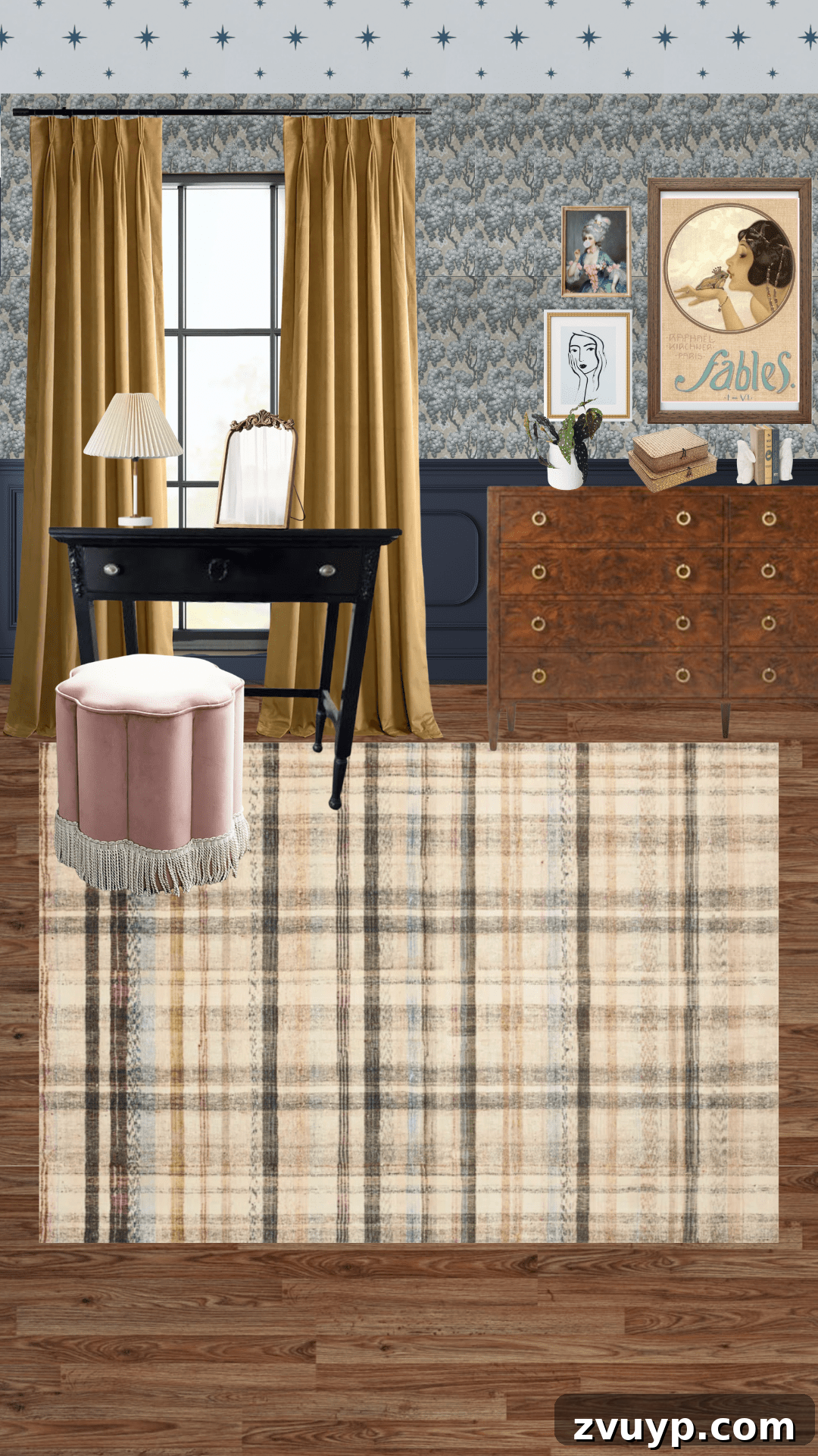 Our Cottage Teen Bedroom Plans and Curtain Color Combinations 6 Bedroom design concept with navy blue walls and retro gold curtains, showcasing a warm and sophisticated ambiance.