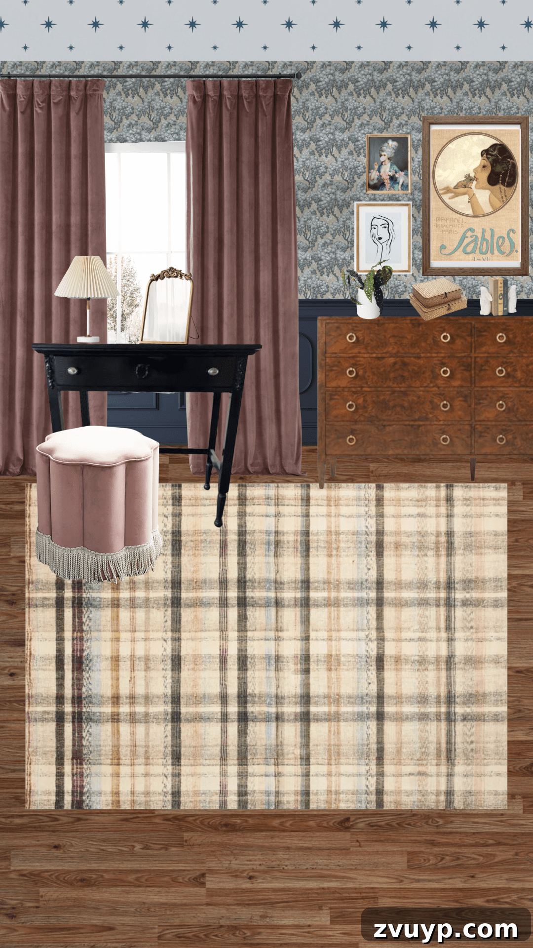 Our Cottage Teen Bedroom Plans and Curtain Color Combinations 7 Bedroom design concept with navy blue walls and rosehip pink curtains, creating a soft, romantic, and playful aesthetic.