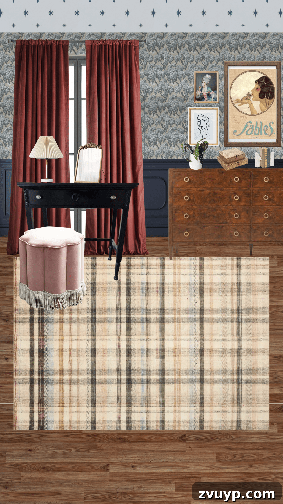 Our Cottage Teen Bedroom Plans and Curtain Color Combinations 8 Bedroom design concept with navy blue walls and crimson rust curtains, offering a bold, earthy, and unique statement.