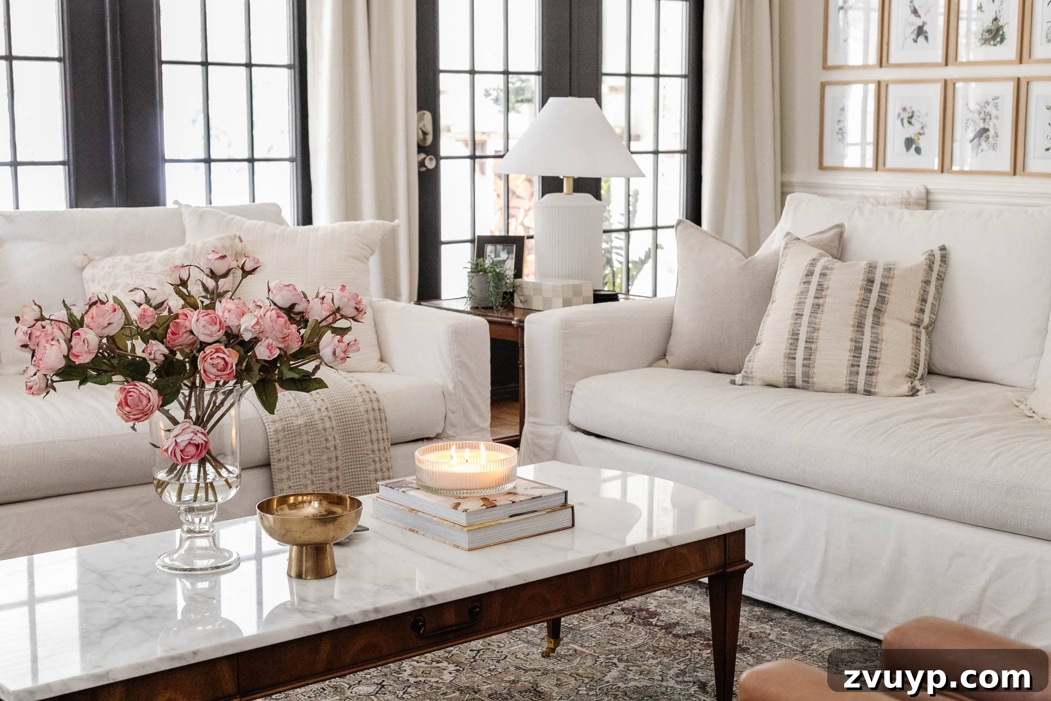 Parisian Chic on a Shoestring Budget 16 A stylish living room featuring a marble top coffee table, complemented by comfortable couches and a vase of delicate pink roses, perfectly blending modern and classic elements for a Parisian chic ambiance.