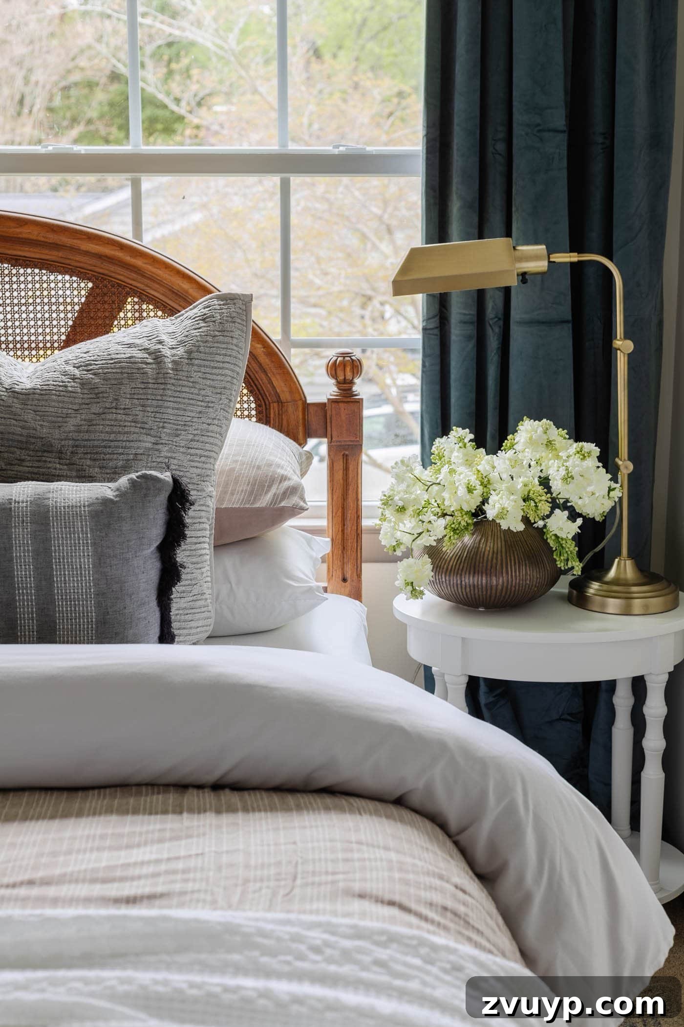 Parisian Chic on a Shoestring Budget 17 A serene bedroom scene with a white nightstand and a vase of elegant white flowers, creating a fresh and inviting atmosphere, reflecting Parisian chic.