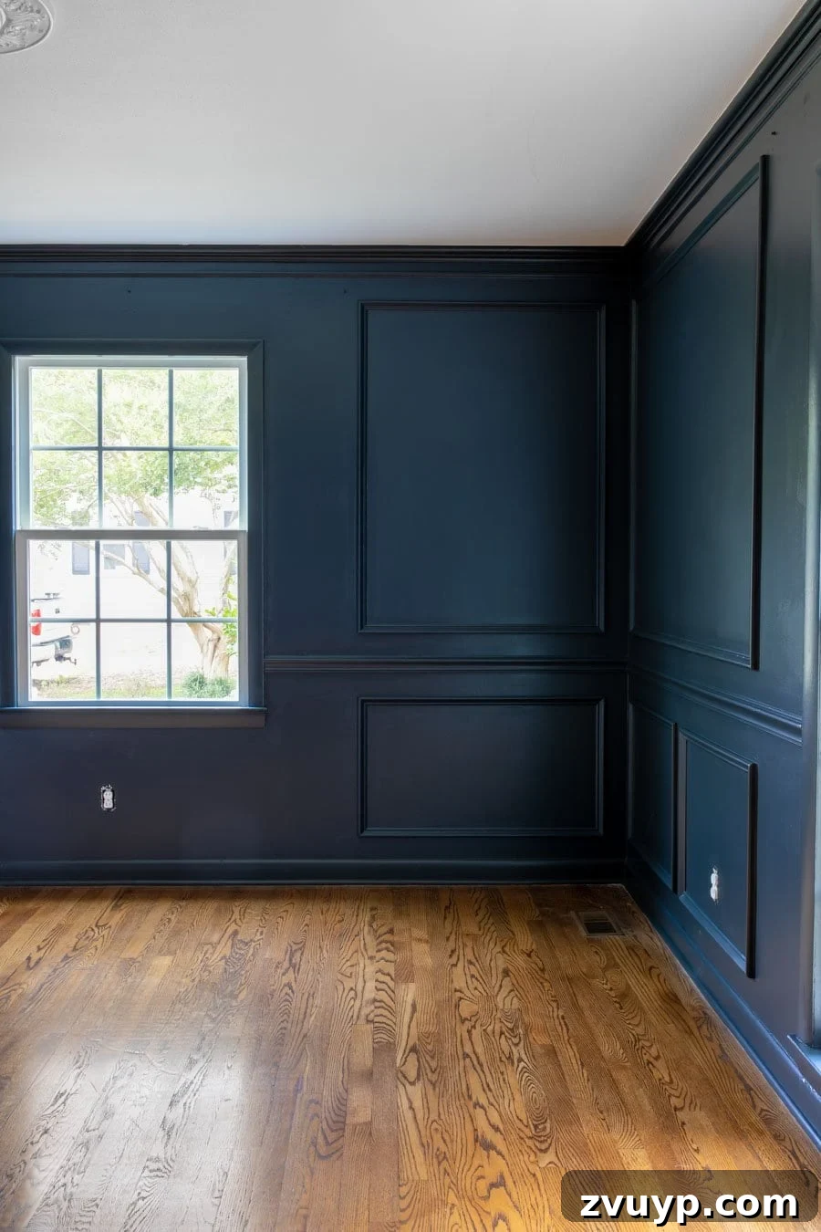 Parisian Chic on a Shoestring Budget 8 A wall adorned with elegant navy blue picture frame molding, adding architectural detail and a touch of Parisian sophistication to the space.