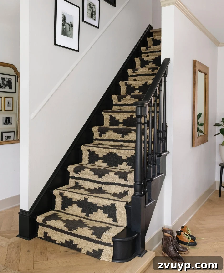 Elevate Your Foyer: 9 Dramatic Black Stair Railing Designs 11 painted black stairs with geometric jute rug