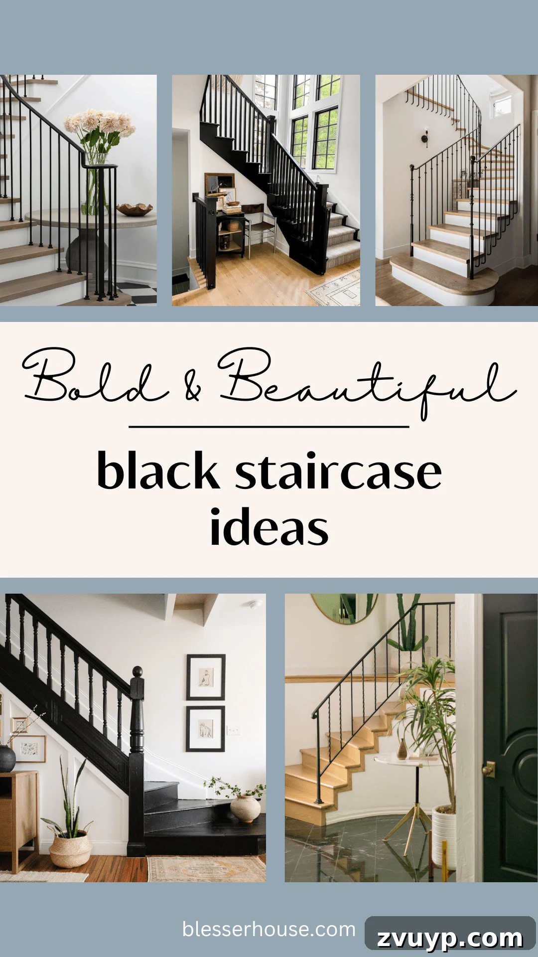 Elevate Your Foyer: 9 Dramatic Black Stair Railing Designs 3 Black stair railing designs, DIY painted black stair projects, and runner rug ideas for a bold, elegant entry.