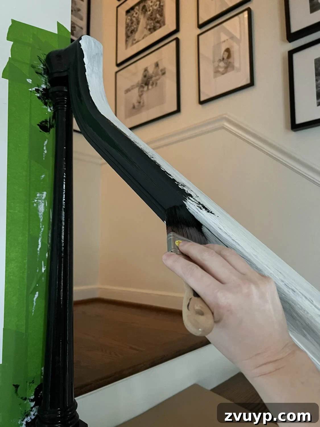 DIY Stair Spindle Swap For A Modern Makeover 25 Painting a stair railing with black waterborne alkyd paint for superior durability
