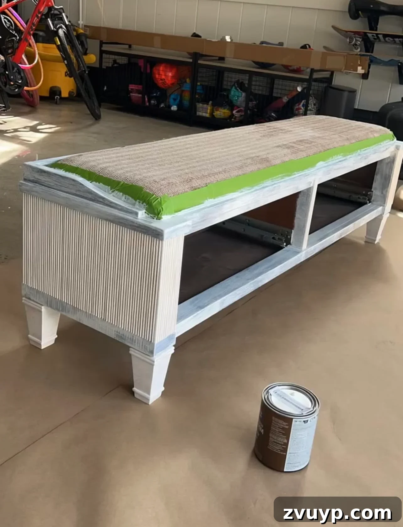 From Bland to Grand The Reeded Shoe Bench Makeover 15 The reeded bench after being primed, showing a uniform base coat before the final paint application.