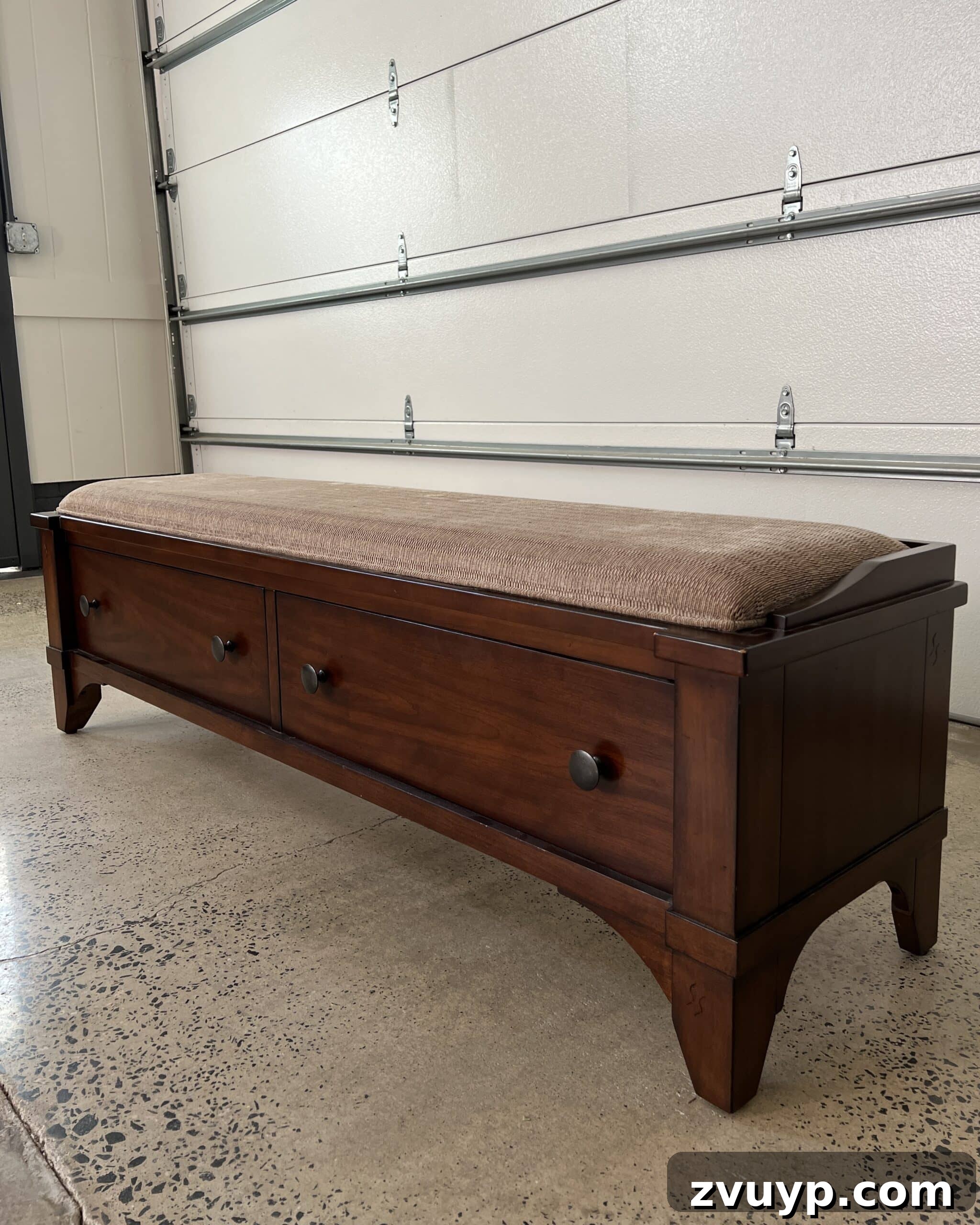 From Bland to Grand The Reeded Shoe Bench Makeover 3 The 'before' shot of an entryway shoe storage bench, showing its original, plain appearance before the decorative reeding makeover.