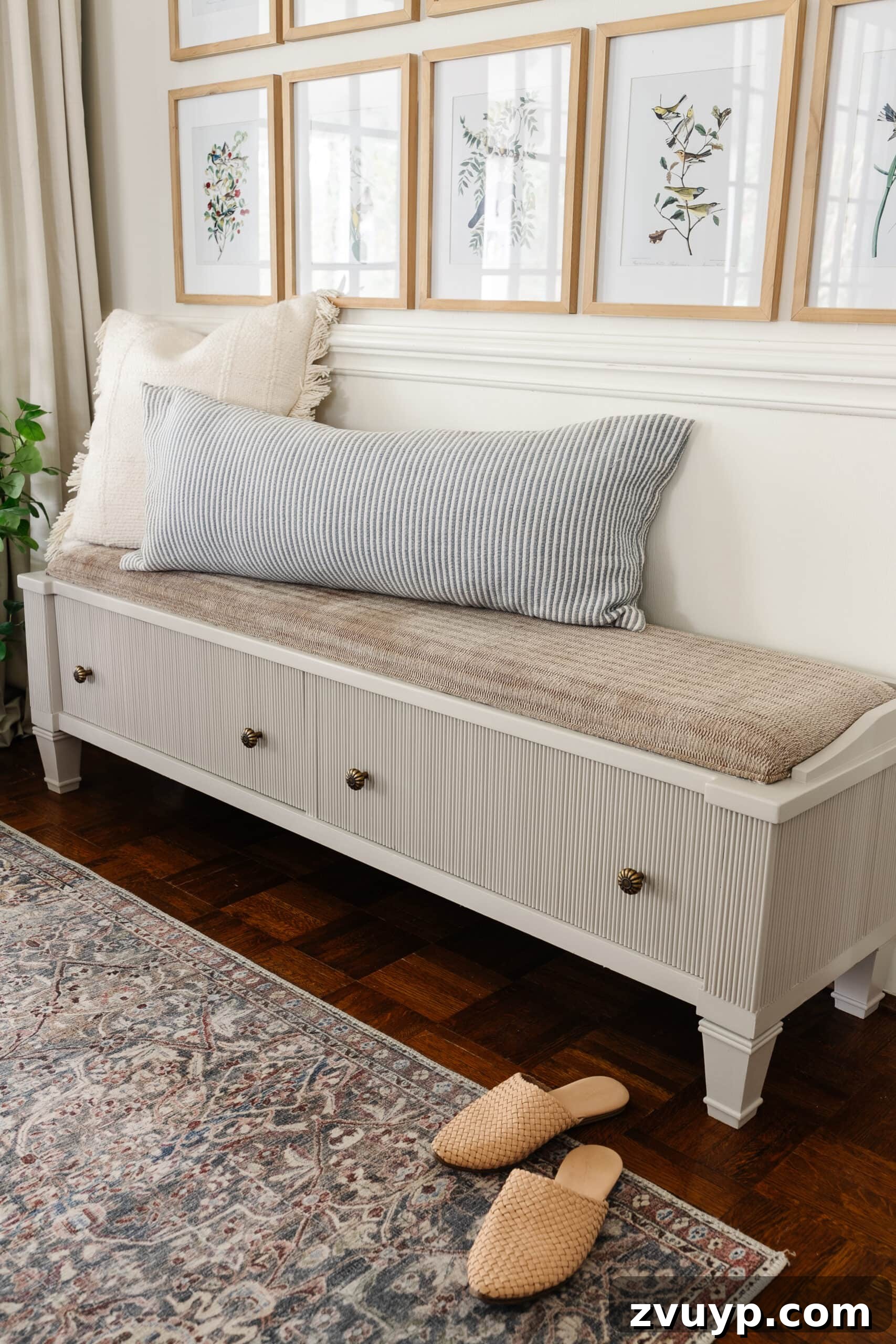 From Bland to Grand The Reeded Shoe Bench Makeover 5 A beautifully painted taupe reeded bench, serving as stylish shoe storage in an inviting entryway, demonstrating the successful makeover.