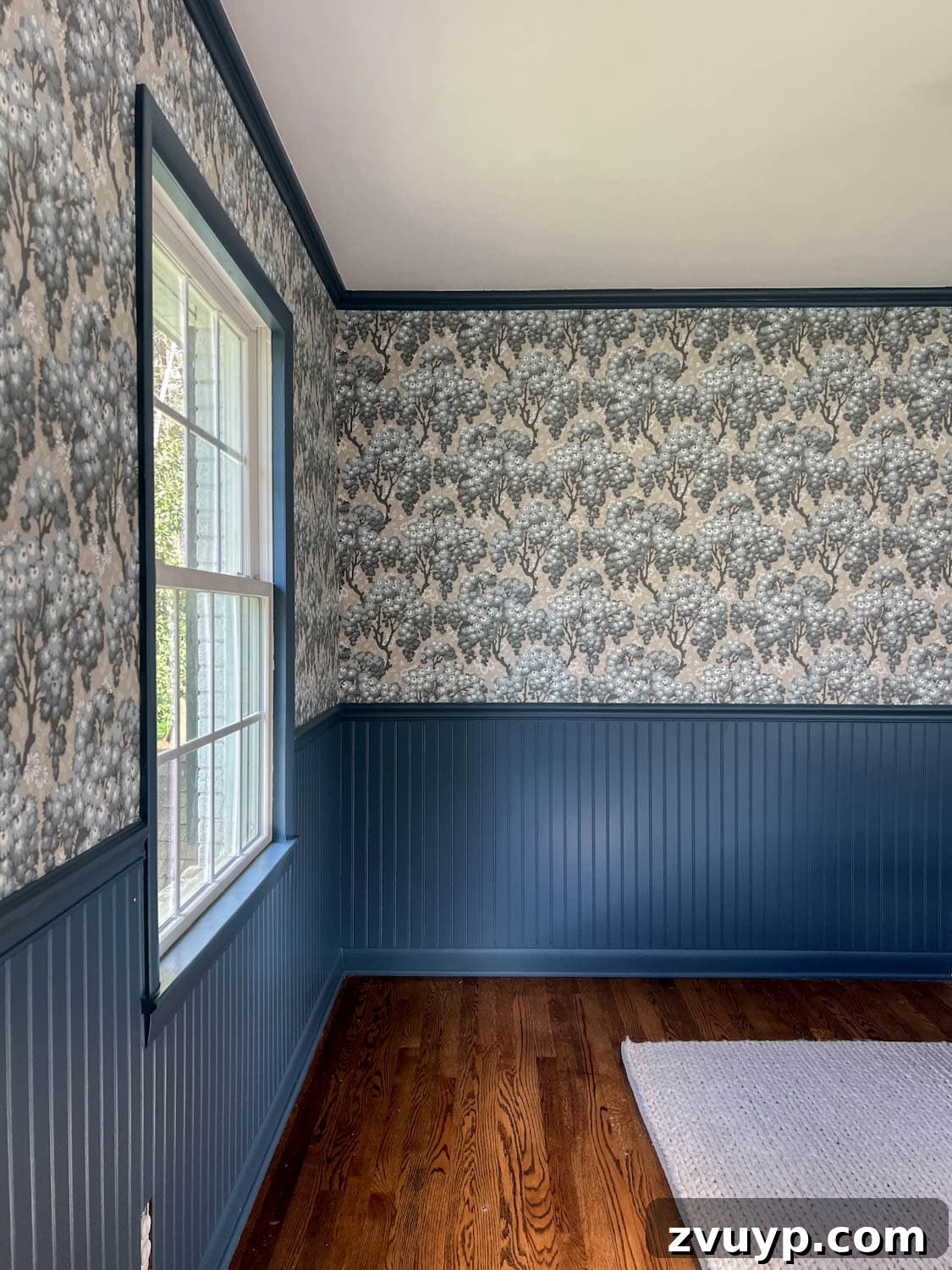 30 Eclectic Scandinavian Wallpapers for Maximalist Style 2 maximalist decor with beadboard painted Sherwin Williams Smoky Blue and vintage Scandinavian wallpaper pattern Sandberg Wallpaper Ragnvi Indigo Blue