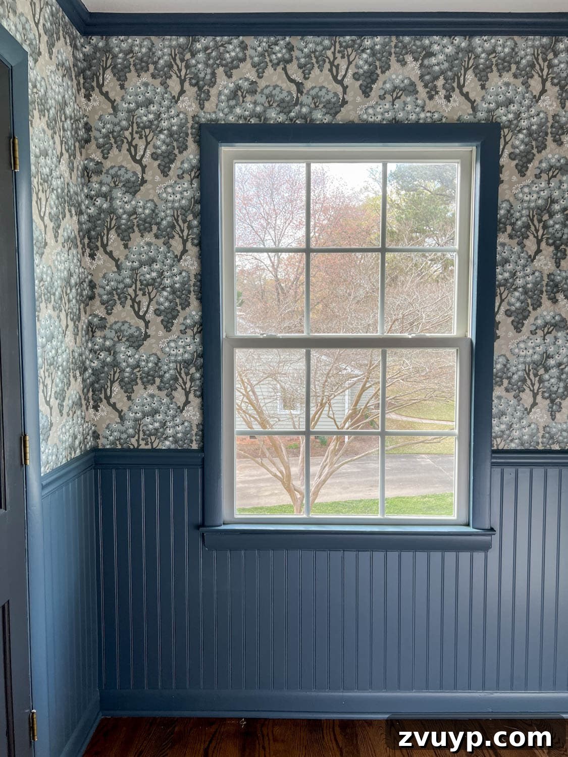 30 Eclectic Scandinavian Wallpapers for Maximalist Style 4 bedroom with beadboard painted Sherwin Williams Smoky Blue and Sandberg Wallpaper Ragnvi Indigo Blue