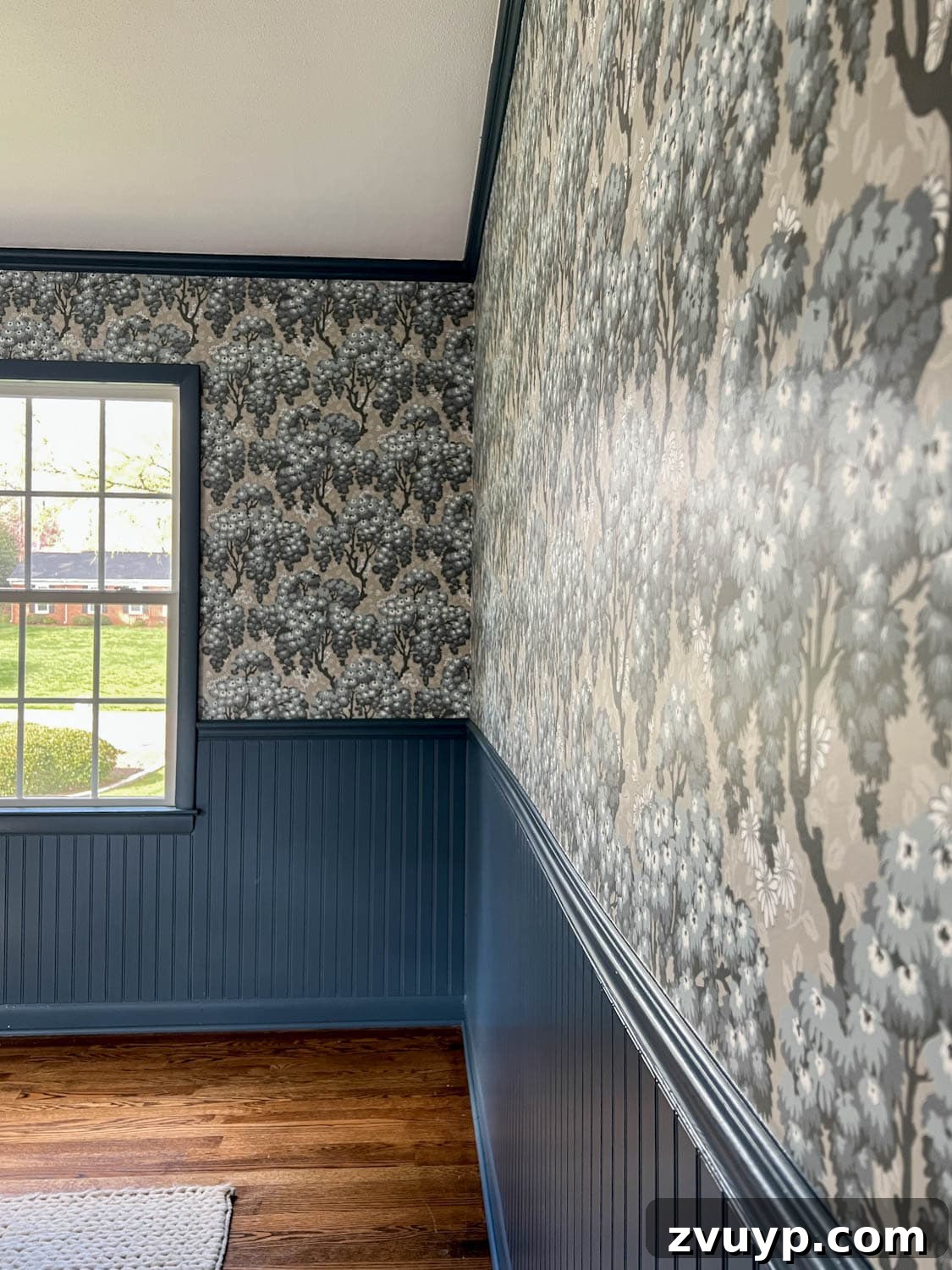 30 Eclectic Scandinavian Wallpapers for Maximalist Style 5 bedroom with beadboard painted Sherwin Williams Smoky Blue and Sandberg Wallpaper Ragnvi Indigo Blue