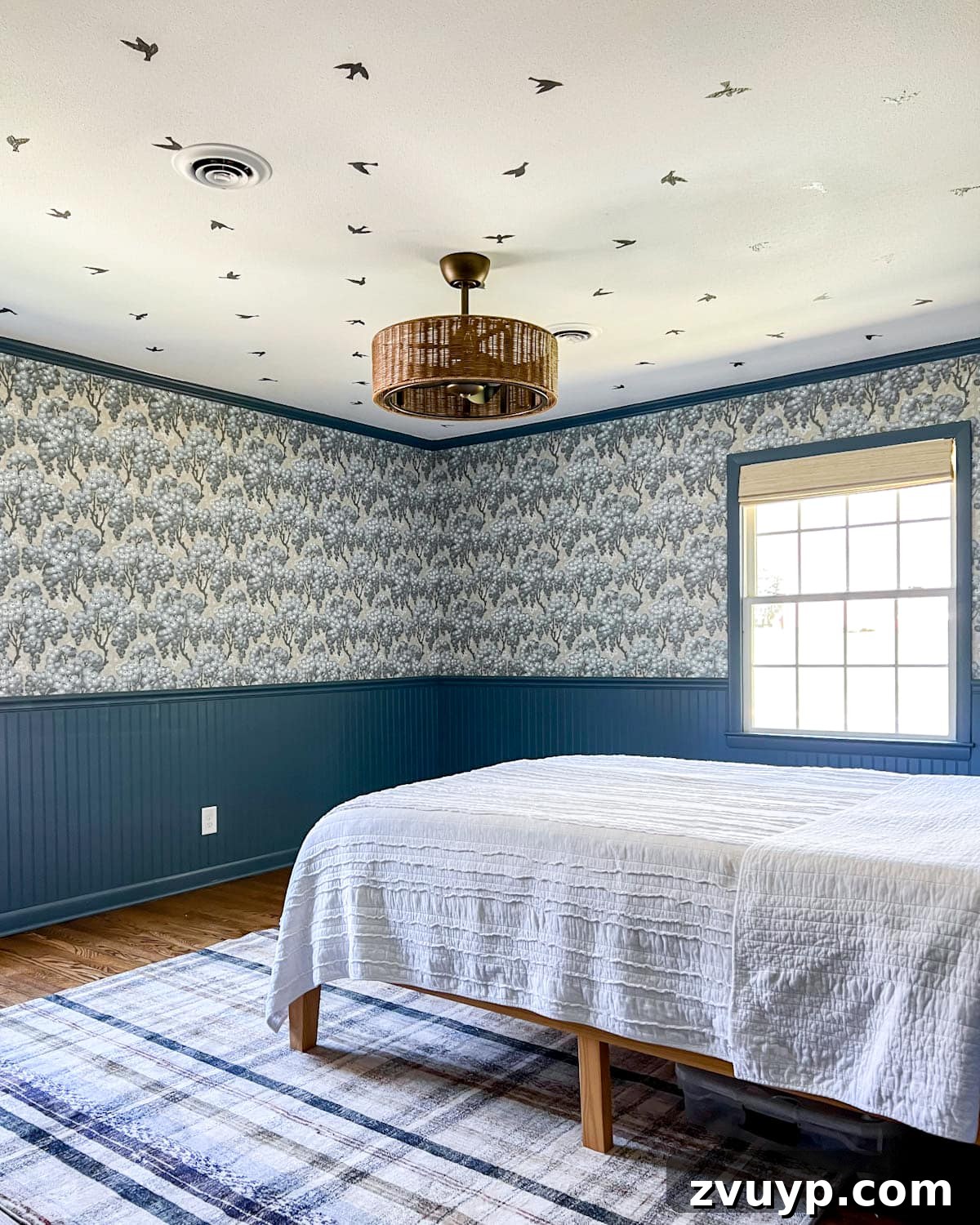 DIY Faux Block Print Ceiling Vinyl Decal Wallpaper 9 The complete DIY bird wallpaper ceiling in a whimsical teen bedroom, created using budget-friendly vinyl sticker decals to achieve a block print effect.