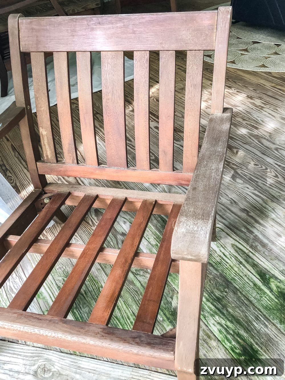Effortless Backyard DIY: Create Your Dream Outdoor Space on a Budget 17 damaged and faded wooden patio furniture before restoration, showing sun and weather damage