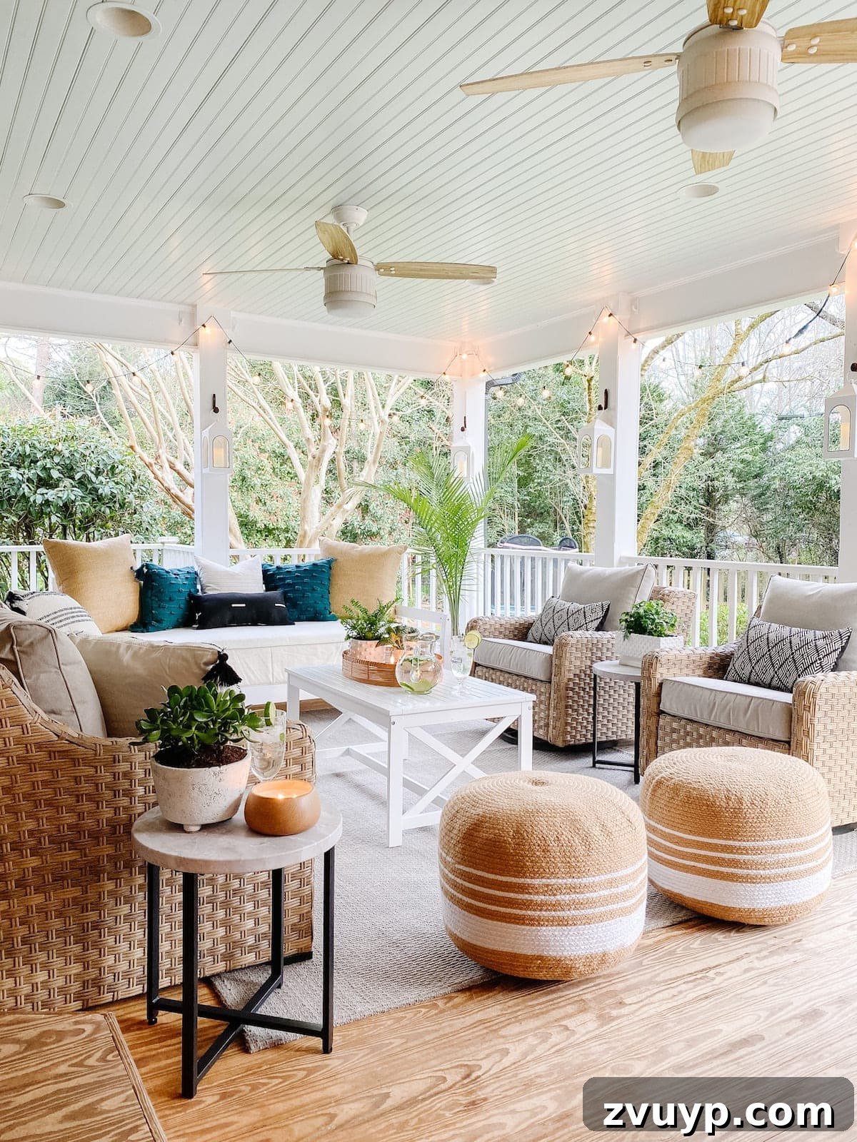Effortless Backyard DIY: Create Your Dream Outdoor Space on a Budget 21 back porch decor featuring string lights, a haint blue porch ceiling, and a comfortable conversation set