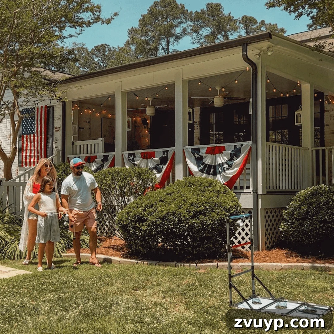 Effortless Backyard DIY: Create Your Dream Outdoor Space on a Budget 31 family playing lawn games in the backyard with July 4th decor, enjoying outdoor activities