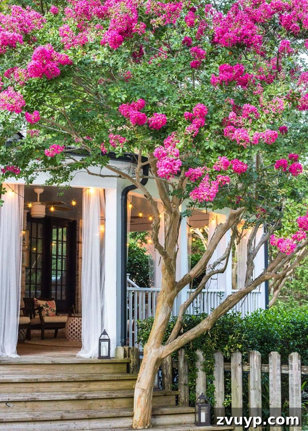 Effortless Backyard DIY: Create Your Dream Outdoor Space on a Budget 38 a crape myrtle tree growing beside a back porch, providing beautiful blooms year after year