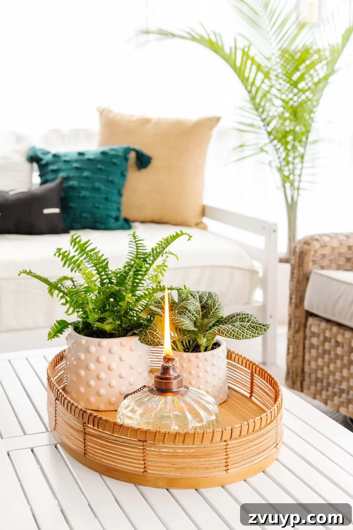Effortless Backyard DIY: Create Your Dream Outdoor Space on a Budget 39 tabletop tiki torch on an outdoor coffee table, casting a warm glow and repelling mosquitoes