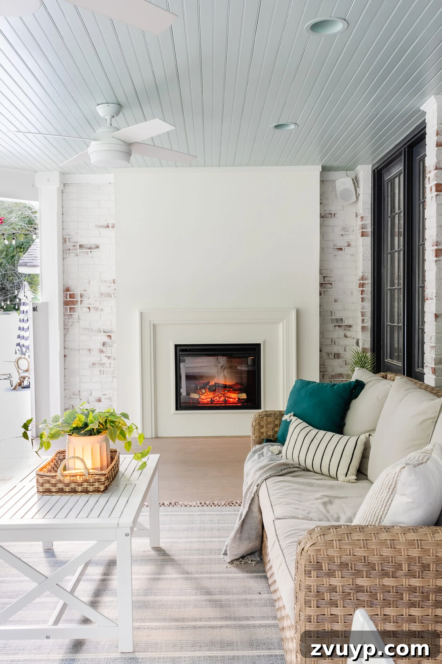 Effortless Backyard DIY: Create Your Dream Outdoor Space on a Budget 48 a DIY plaster fireplace with an electric insert on a back porch, creating a warm and inviting focal point