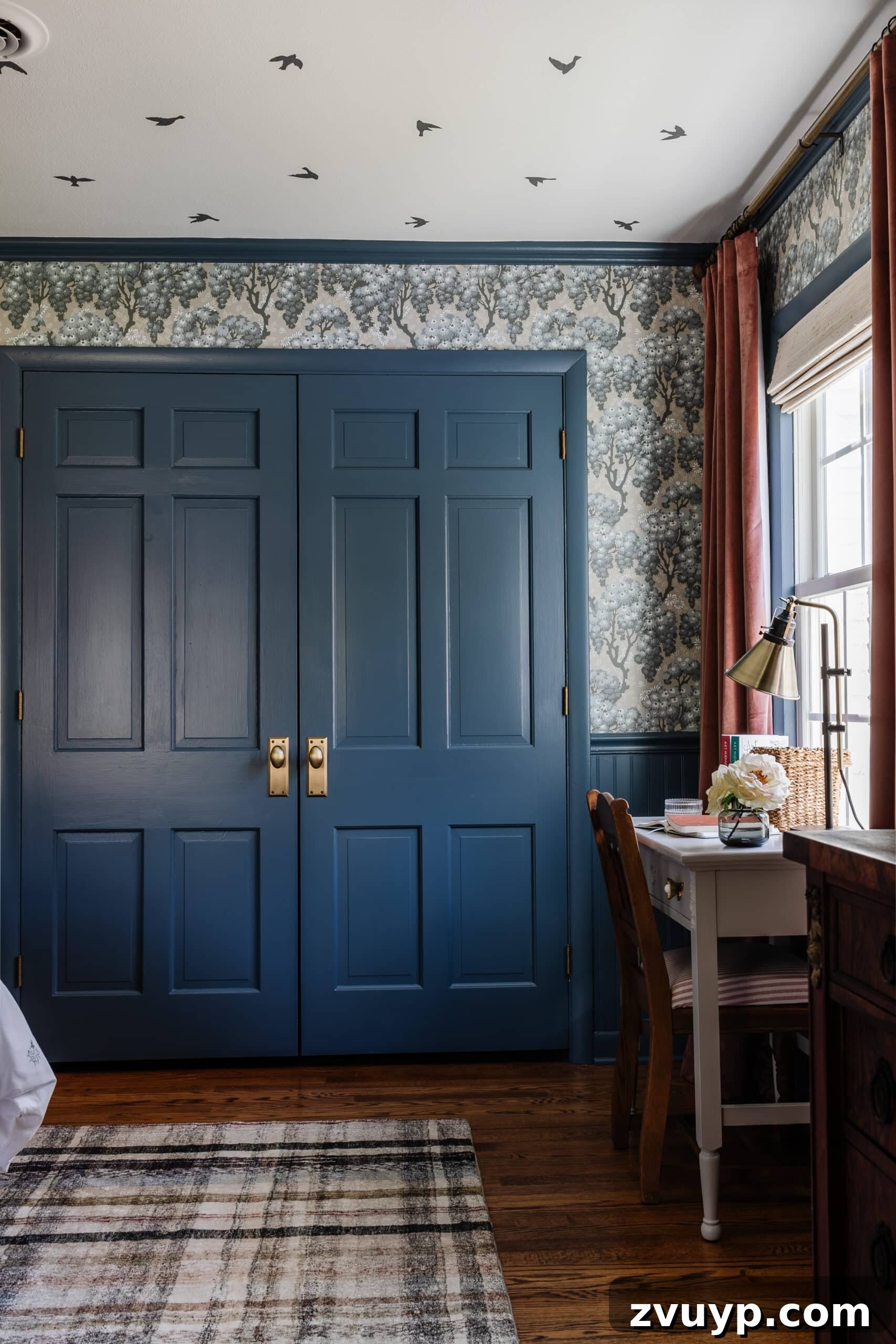Dreamy Blue Bedrooms: Teen Girl Decorating Ideas and Room Tour 14 double closet doors with antique gold knobs and desk in front of window