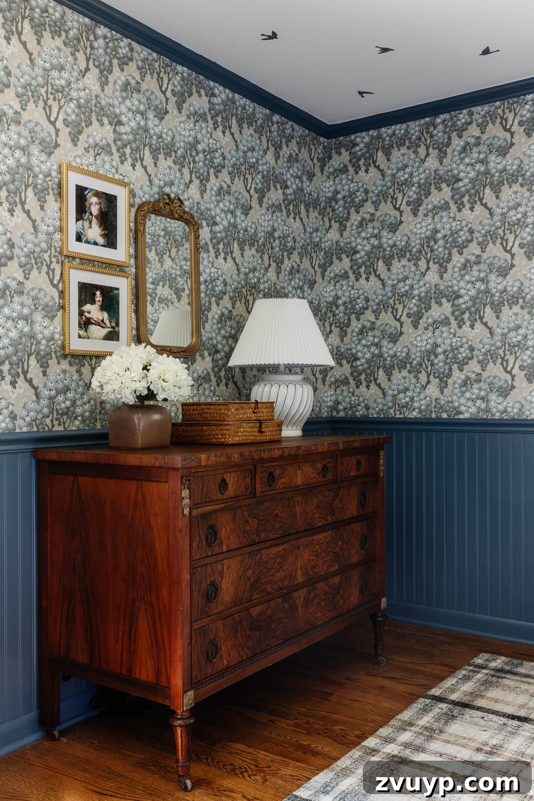 Dreamy Blue Bedrooms: Teen Girl Decorating Ideas and Room Tour 18 burl wood dresser and altered portrait art in a swedish cottage bedroom