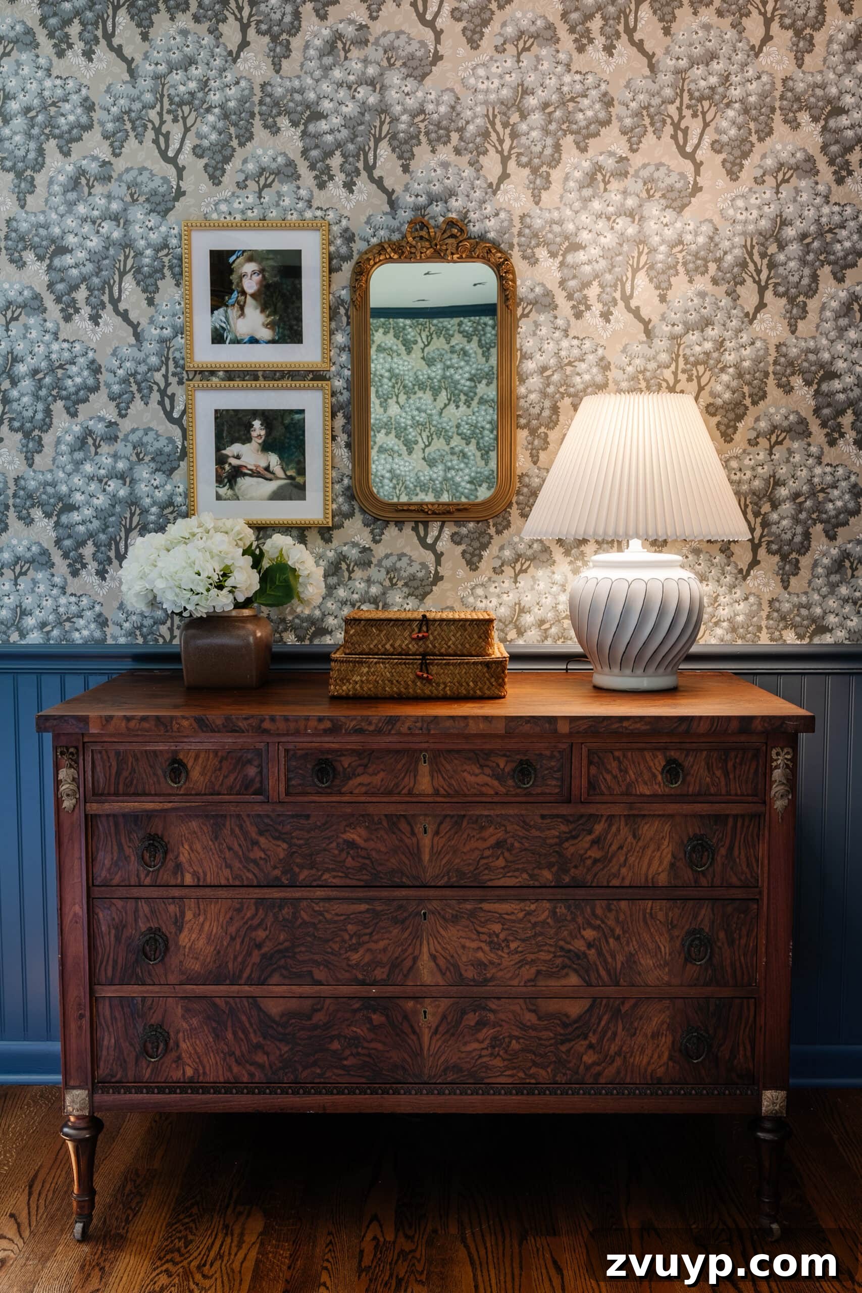 Dreamy Blue Bedrooms: Teen Girl Decorating Ideas and Room Tour 20 burl dresser with swedish wallpaper and blue beadboard + antique altered portraits