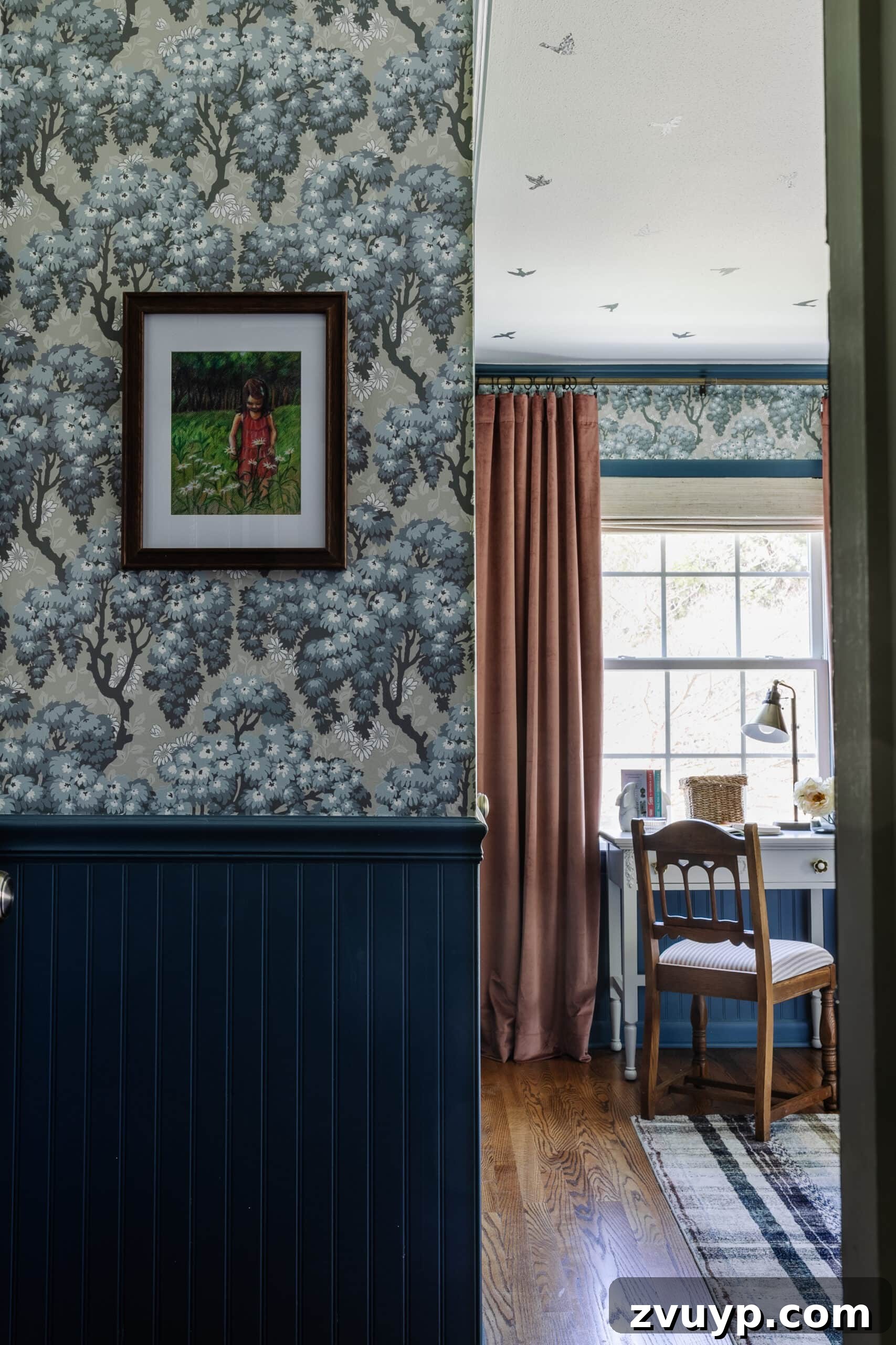 Dreamy Blue Bedrooms: Teen Girl Decorating Ideas and Room Tour 4 custom art on swedish cottage wallpaper with bedroom desk
