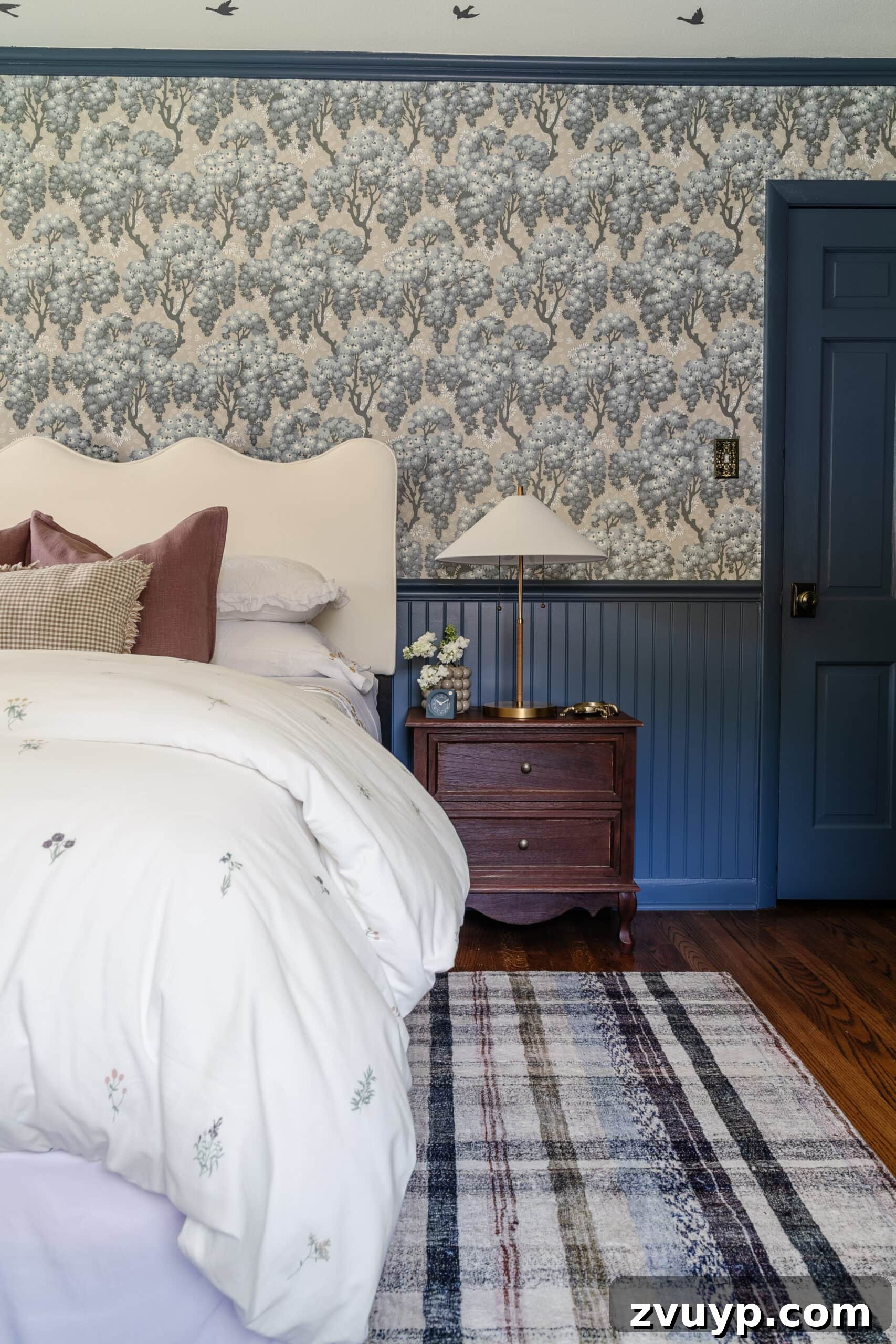 Dreamy Blue Bedrooms: Teen Girl Decorating Ideas and Room Tour 5 swedish cottage girls bedroom with pattern play bedding, full length mirror, traditional wood nightstand, and modern lamp