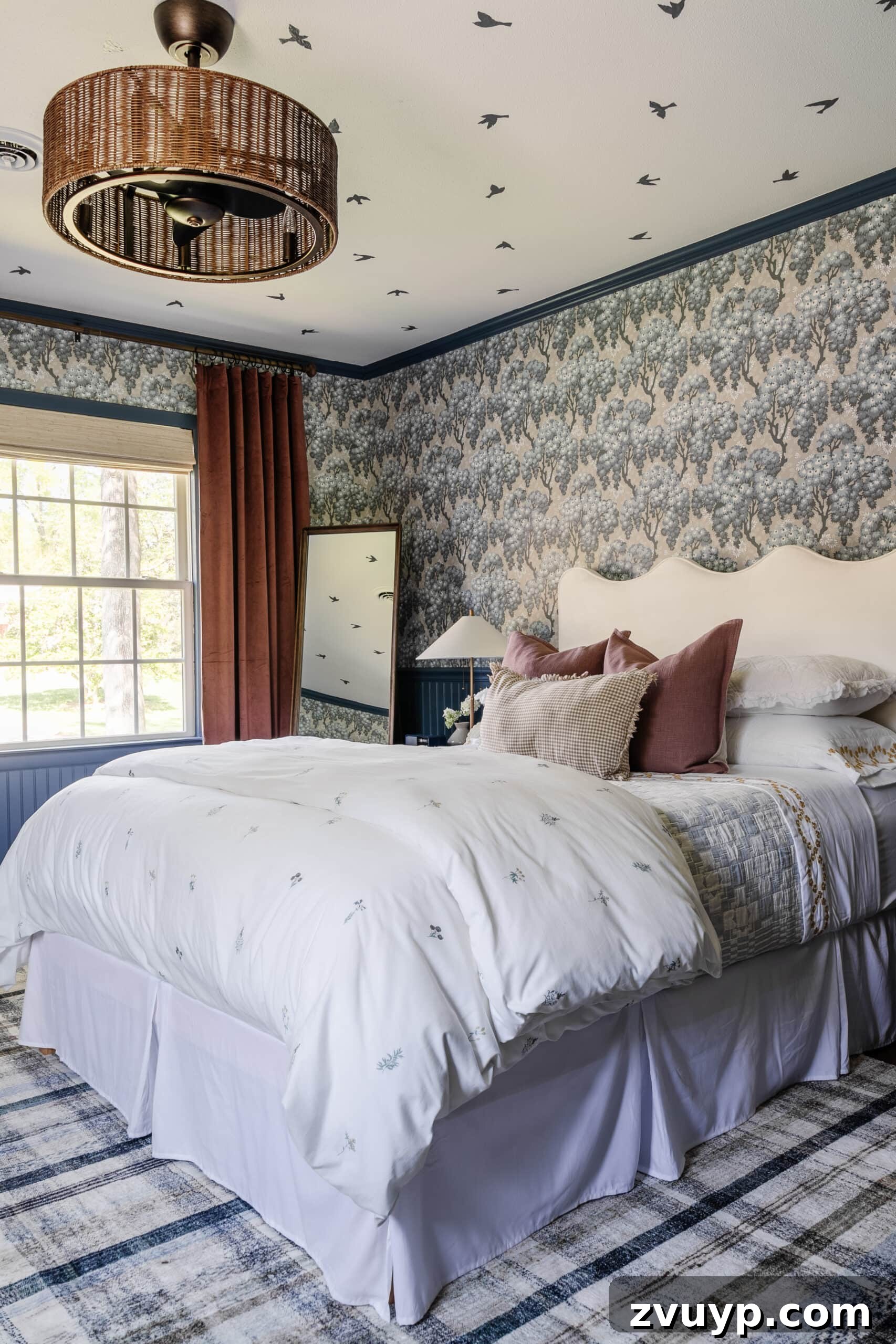 Dreamy Blue Bedrooms: Teen Girl Decorating Ideas and Room Tour 6 girls bedroom with pattern play bedding, full length mirror, mauve curtains, and modern lamp