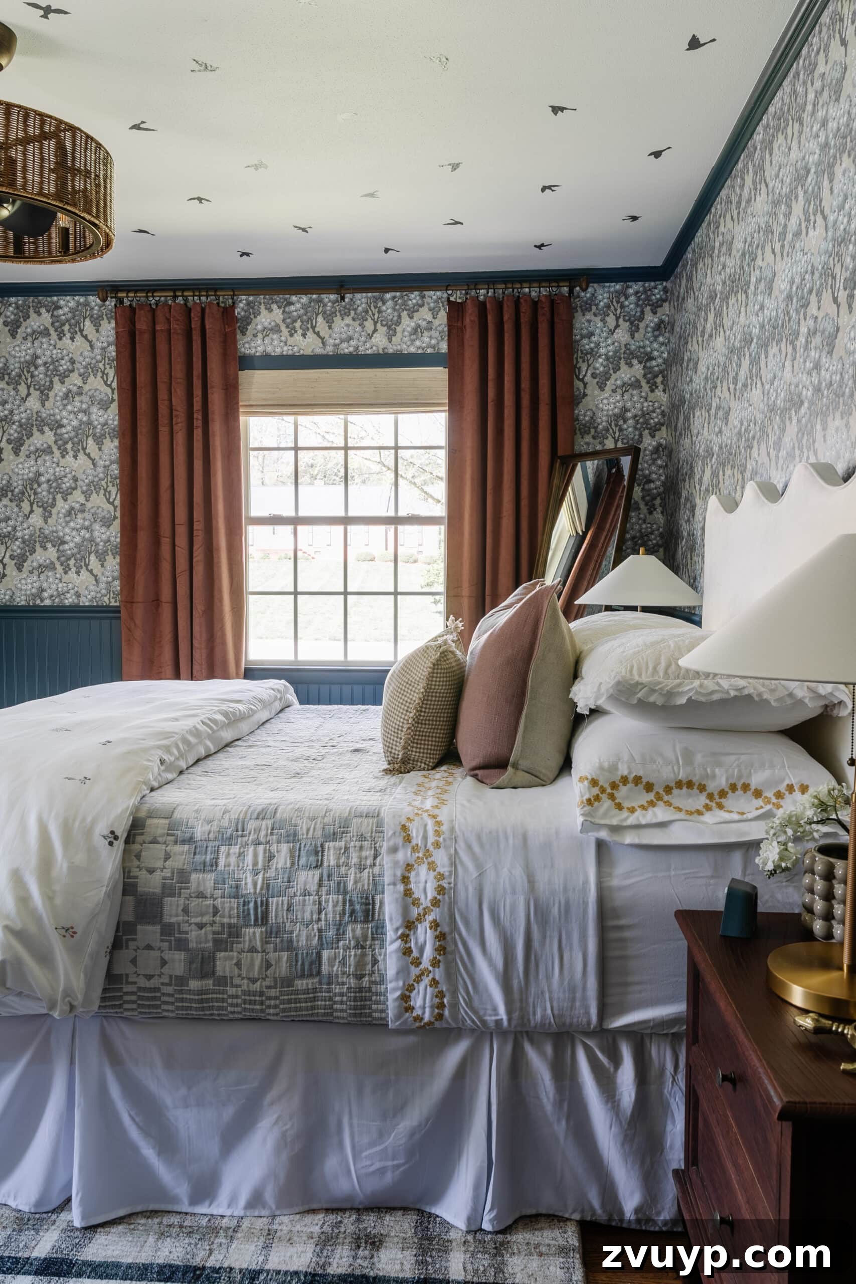 Dreamy Blue Bedrooms: Teen Girl Decorating Ideas and Room Tour 7 girls bedroom with pattern play bedding, full length mirror, mauve curtains, and modern lamps