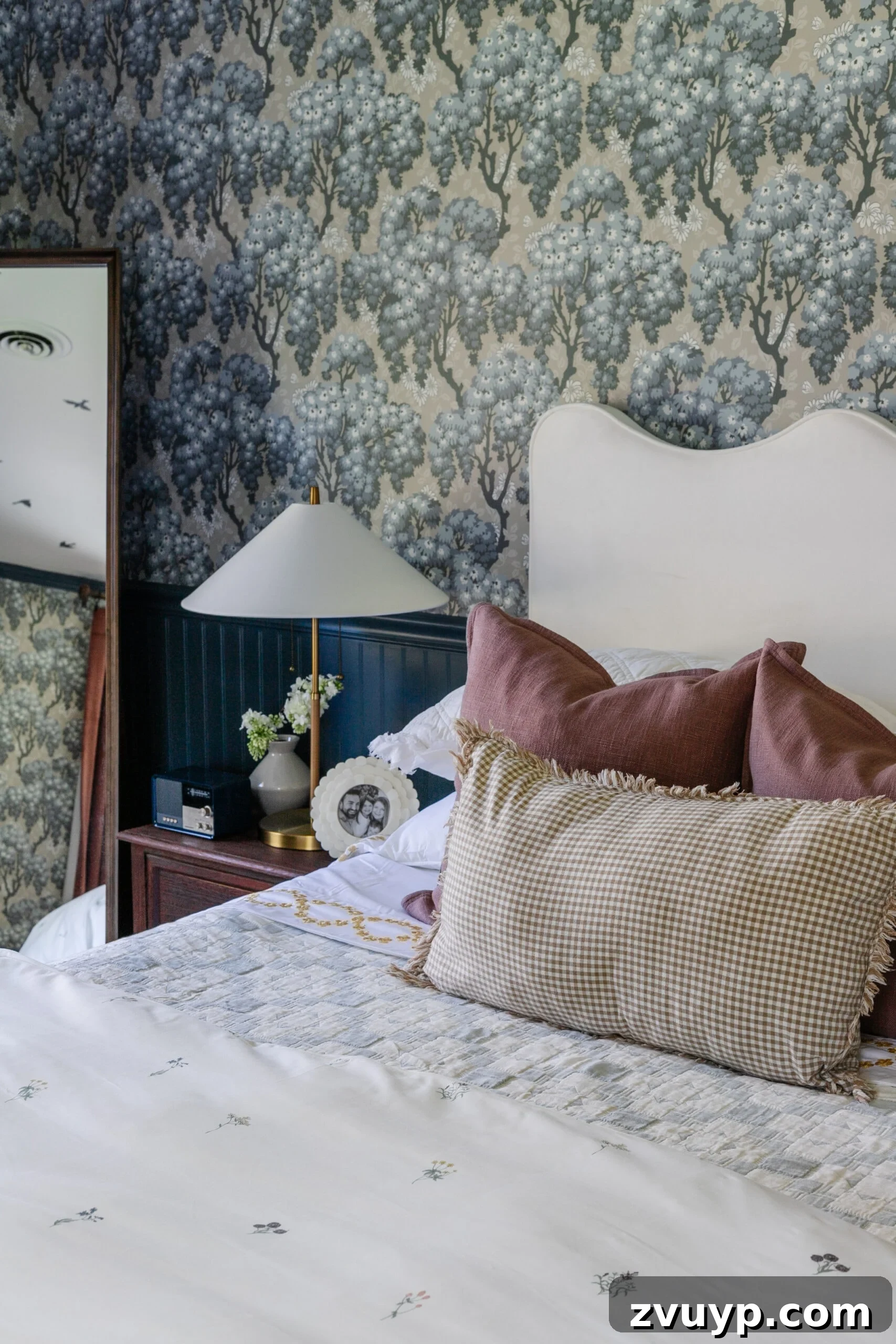 Dreamy Blue Bedrooms: Teen Girl Decorating Ideas and Room Tour 8 girls bedroom with pattern play bedding, full length mirror and modern lamp