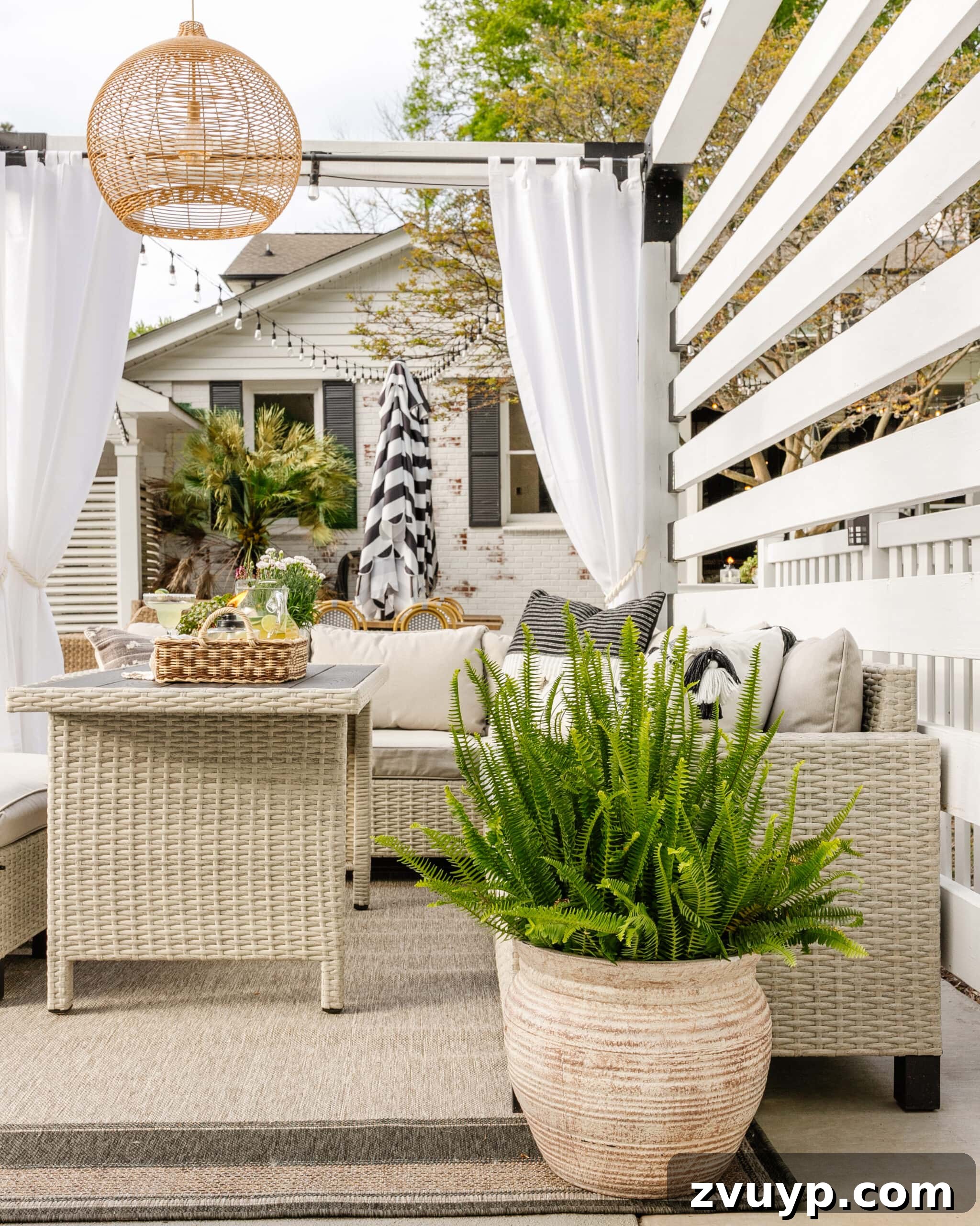 Effortless Spring Patio Refresh 18 Walmart patio furniture in a DIY backyard pool cabana pergola with a potted fern
