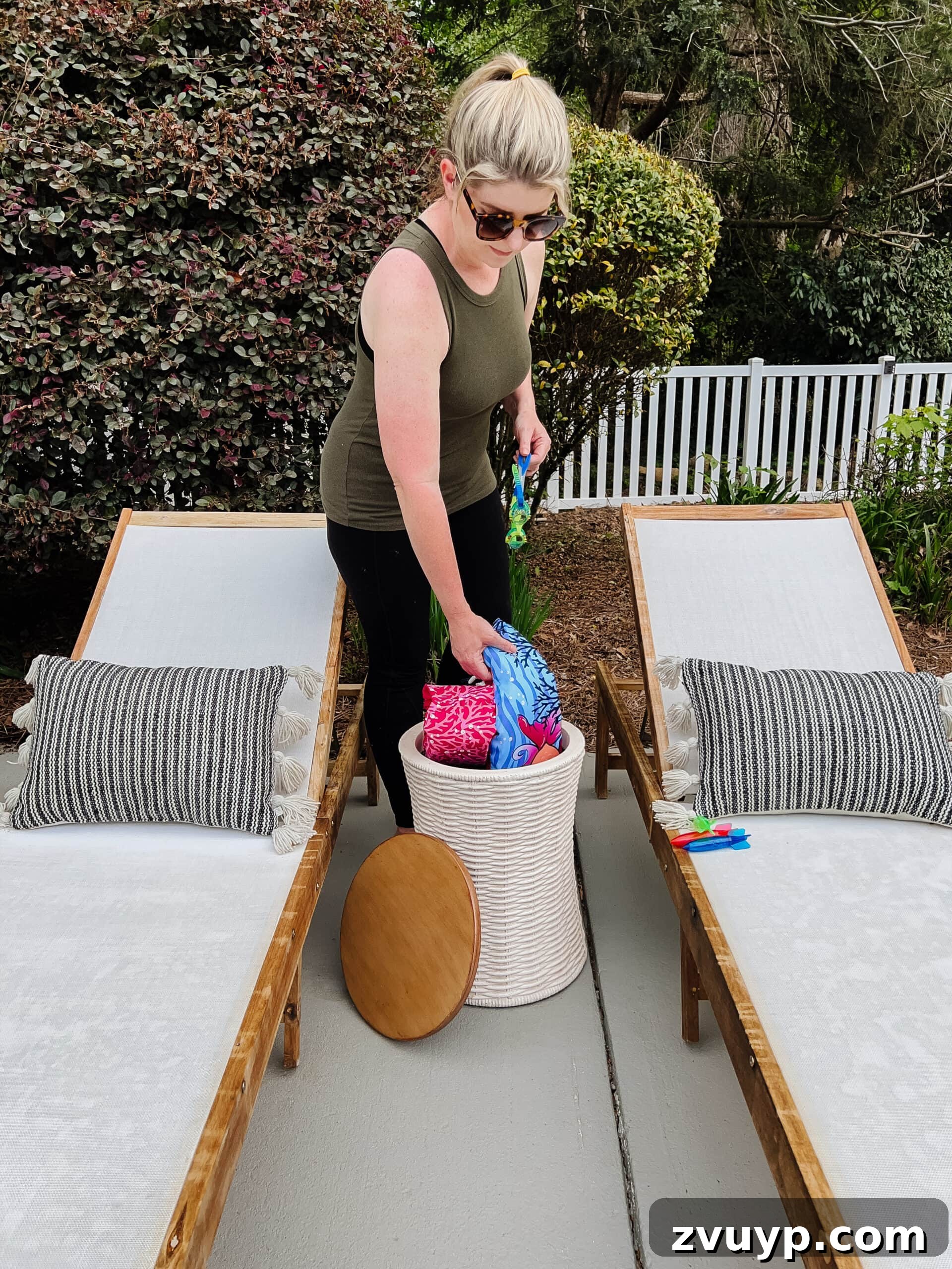 Effortless Spring Patio Refresh 24 using a garden stool as pool toy storage
