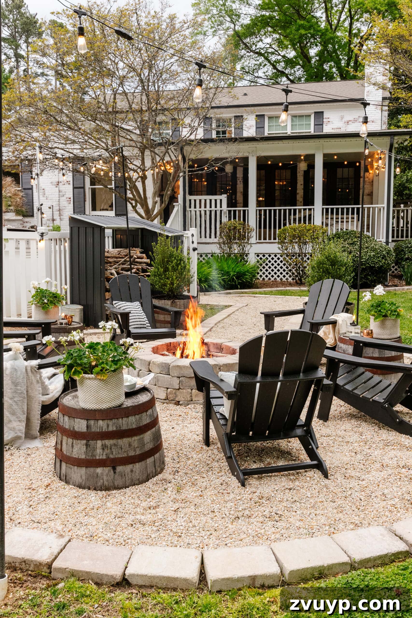 Effortless Spring Patio Refresh 7 finished backyard fire pit after outdoor spring cleaning with potted plants, string lights, and pea gravel sitting area