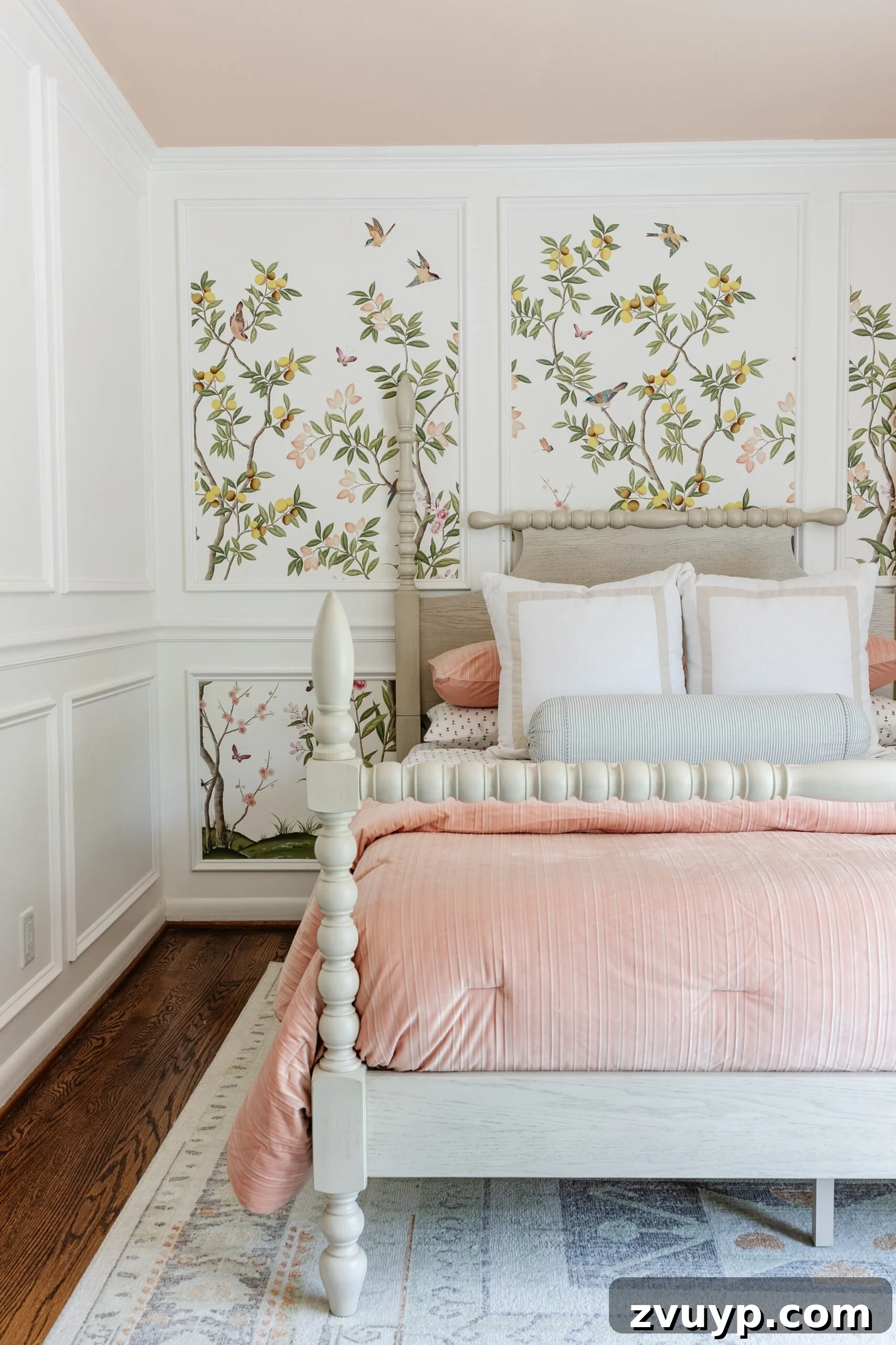 Tarz Sahibi ve Hesaplı 18 Modern Vintaj Yatak Önerisi 26 gray wood spindle antique bed in a girls bedroom with pink ceiling and chinoiserie floral wallpaper