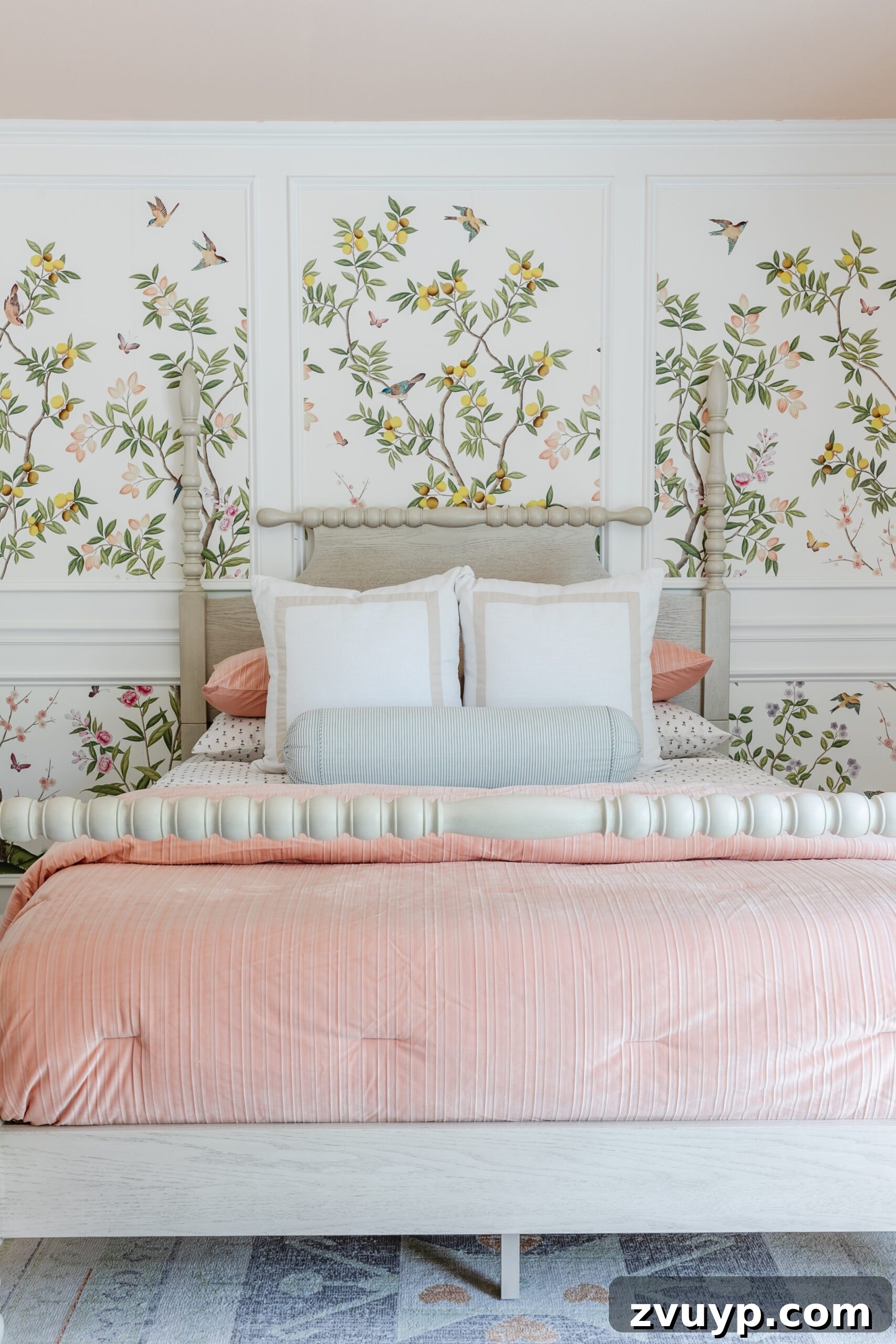Tarz Sahibi ve Hesaplı 18 Modern Vintaj Yatak Önerisi 5 little girls bedroom with pink bedding and chinoiserie wallpaper