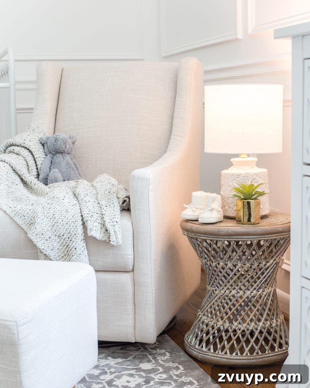 24 Clever Organization and Design Tips for Kids Spaces 29 nursery glider rocking chair with rattan side table and lamp with a sleep light bulb