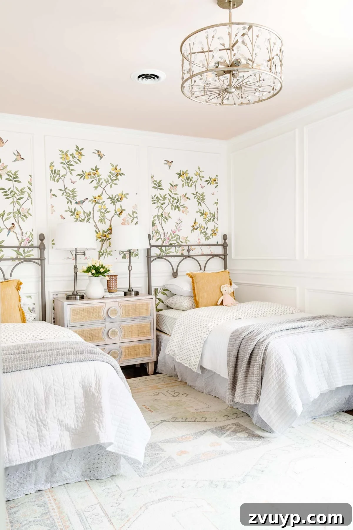 24 Clever Organization and Design Tips for Kids Spaces 33 cottage toddler bedroom with chinoiserie wallpaper, picture frame molding, twin beds, and blush pink ceiling in Romabio Barefoot Dance