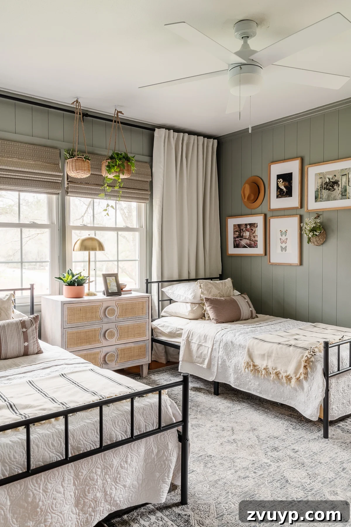 24 Clever Organization and Design Tips for Kids Spaces 36 boho cottage teen girl shared bedroom with Sherwin Williams Evergreen Fog walls and twin beds