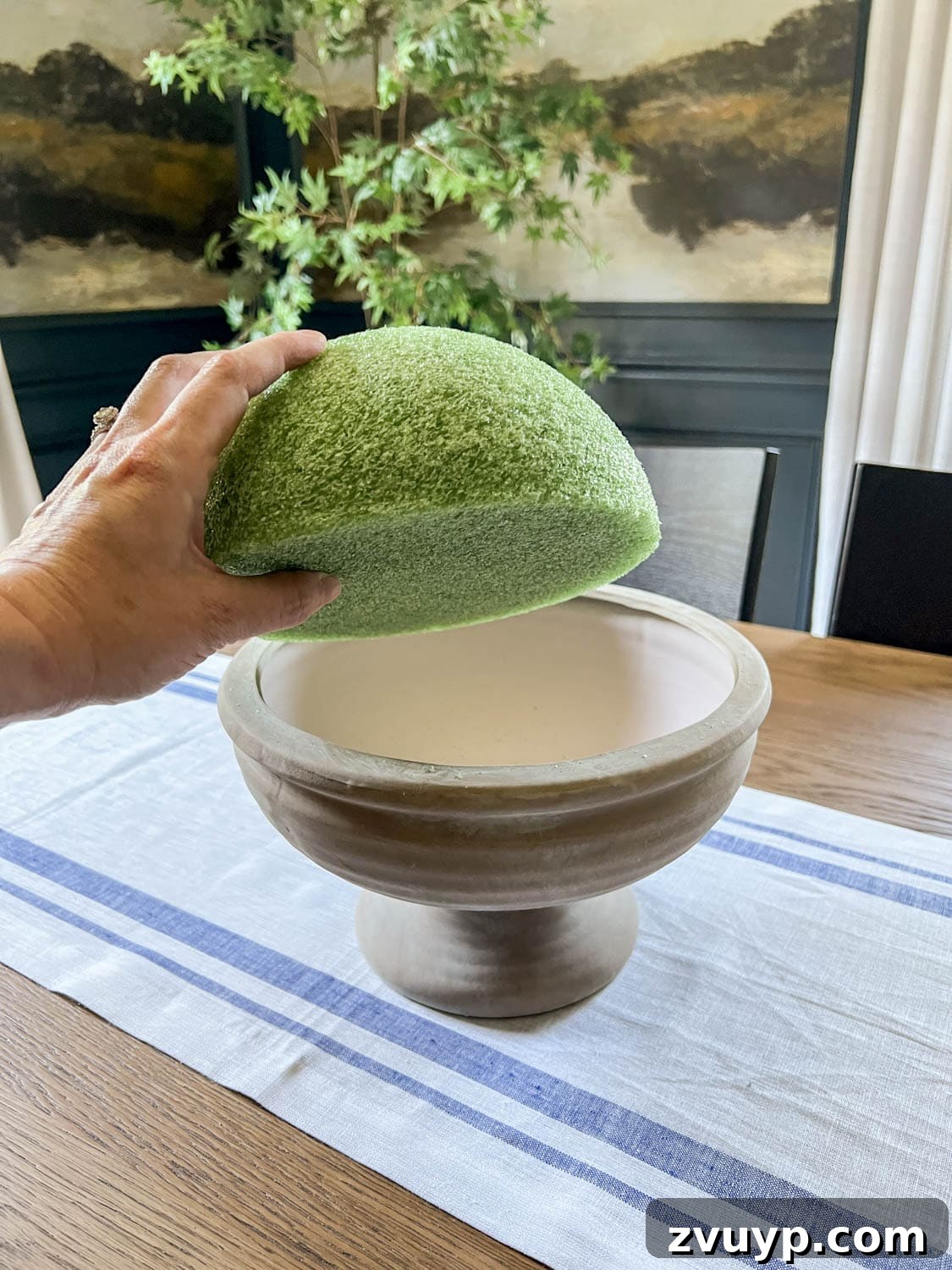Effortless Charm DIY Faux Flower Creations 6 placing a half sphere of florist foam in a footed bowl to make DIY altar flower arrangement