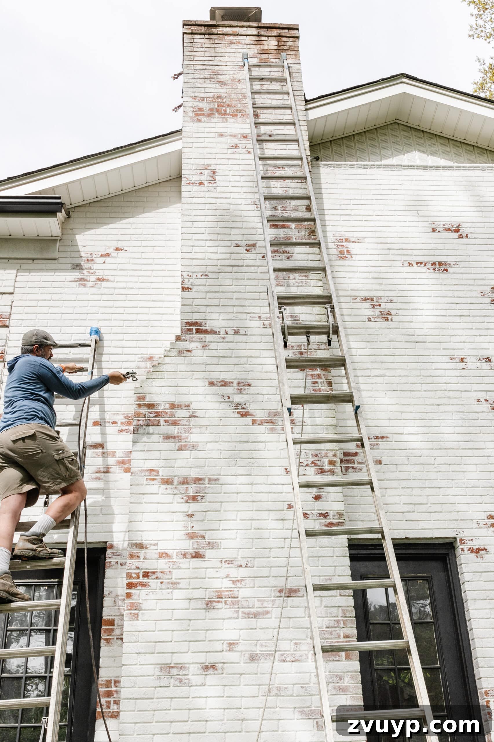Pristine Limewashed Brick A Comprehensive Care Guide 13 Professional cleaning of Romabio limewash using algae and moss cleaner on a large exterior surface